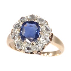 Victorian Antique Engagement Ring with Natural Sapphire and Ten Diamonds, 1890s
