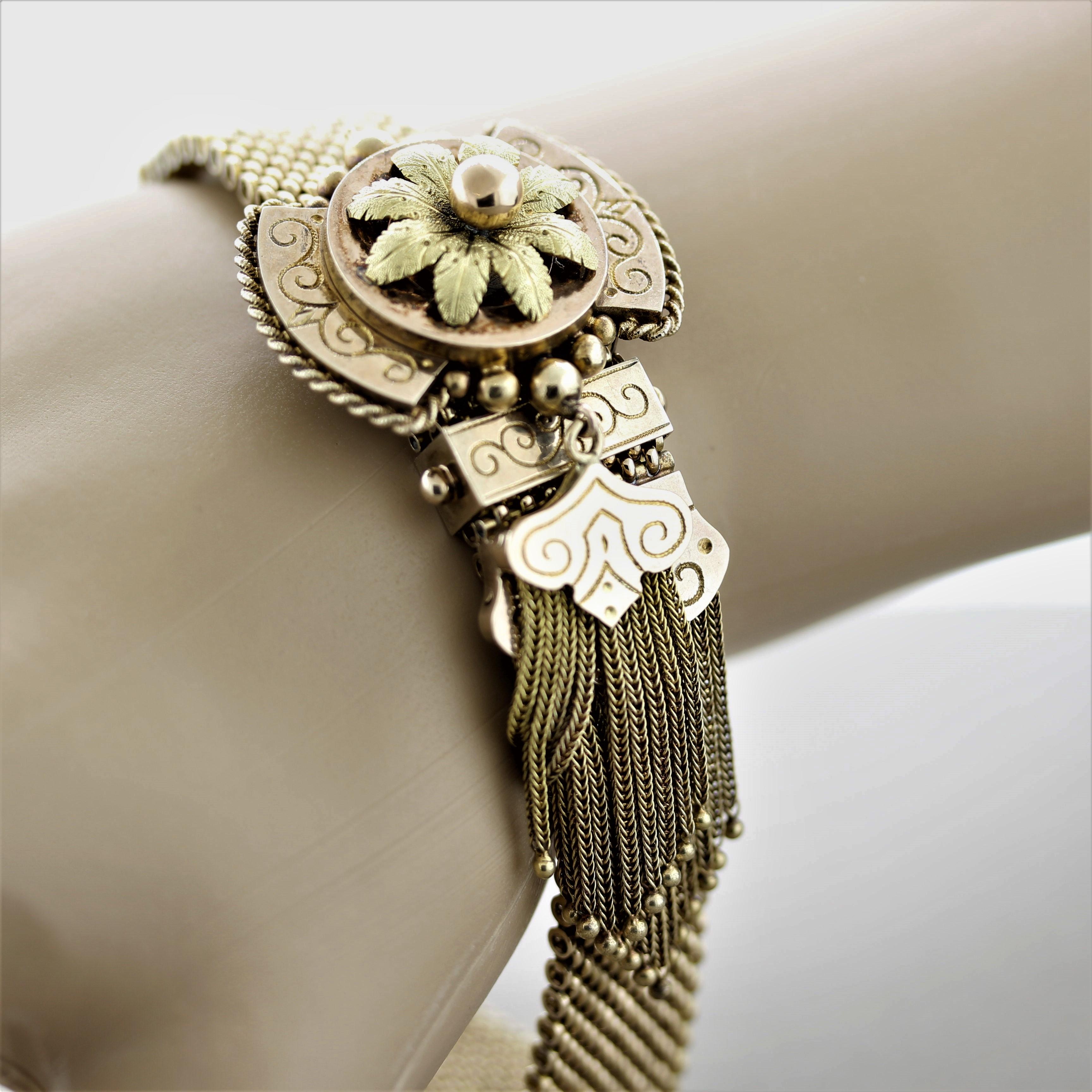 Victorian Antique Floral Motif Gold Slide Bracelet For Sale 2