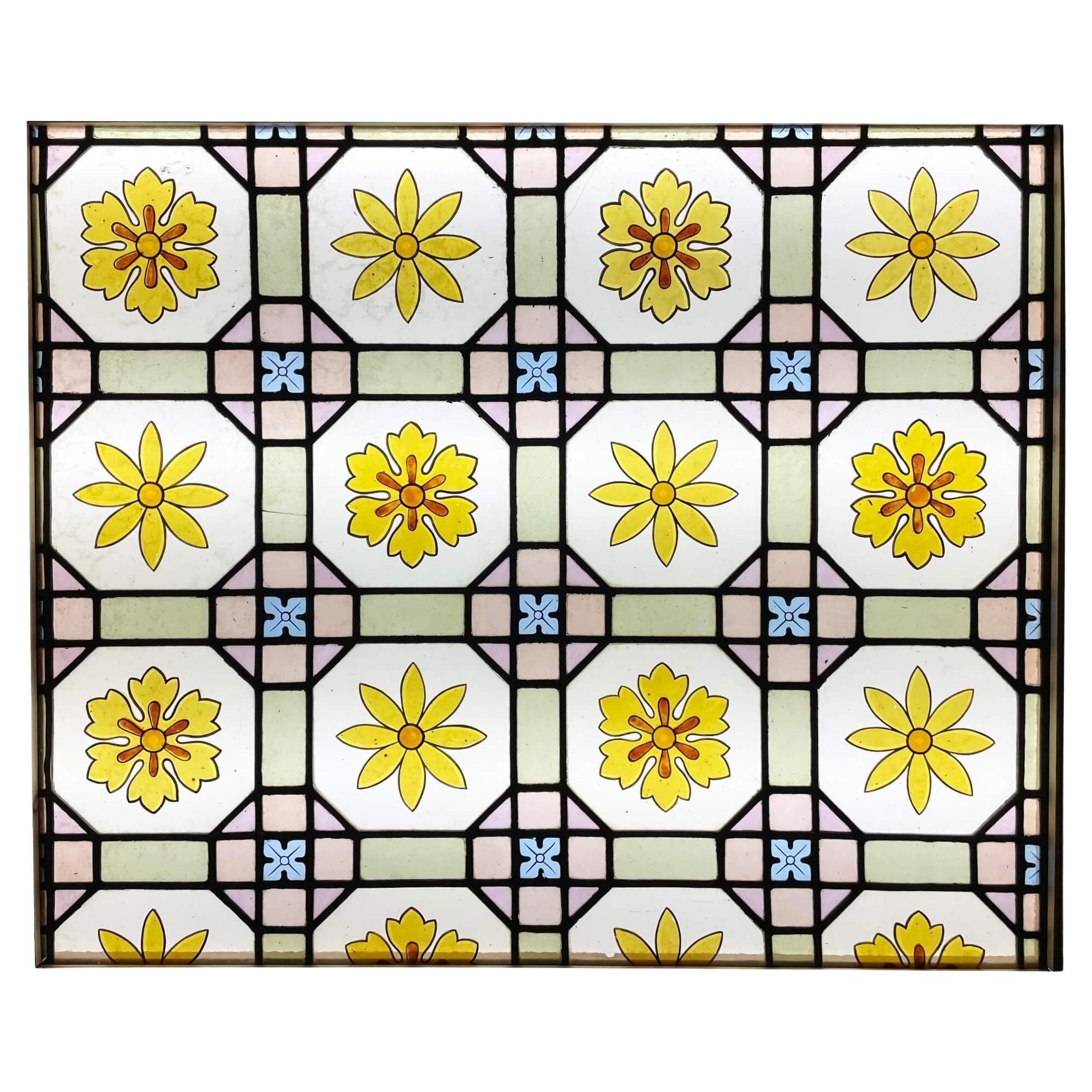 Victorian Antique Floral Stained Glass Window For Sale