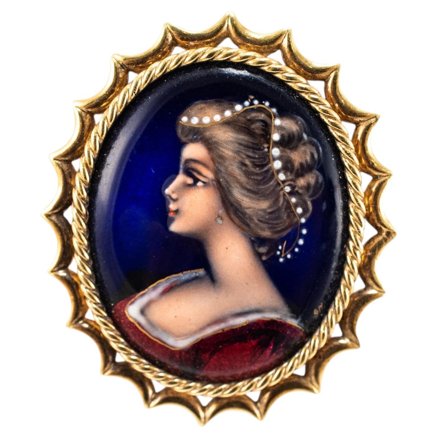 Spilla vittoriana d'epoca francese con ritratto di donna in oro giallo 18 carati smaltato