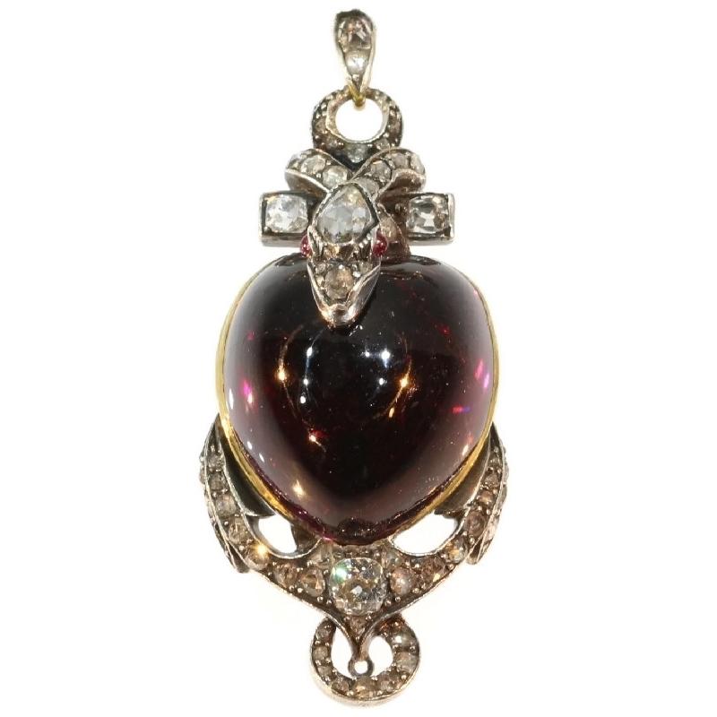 Early Victorian Victorian Antique Garnet and Diamond Snake Pendant Brooch, 1830s For Sale