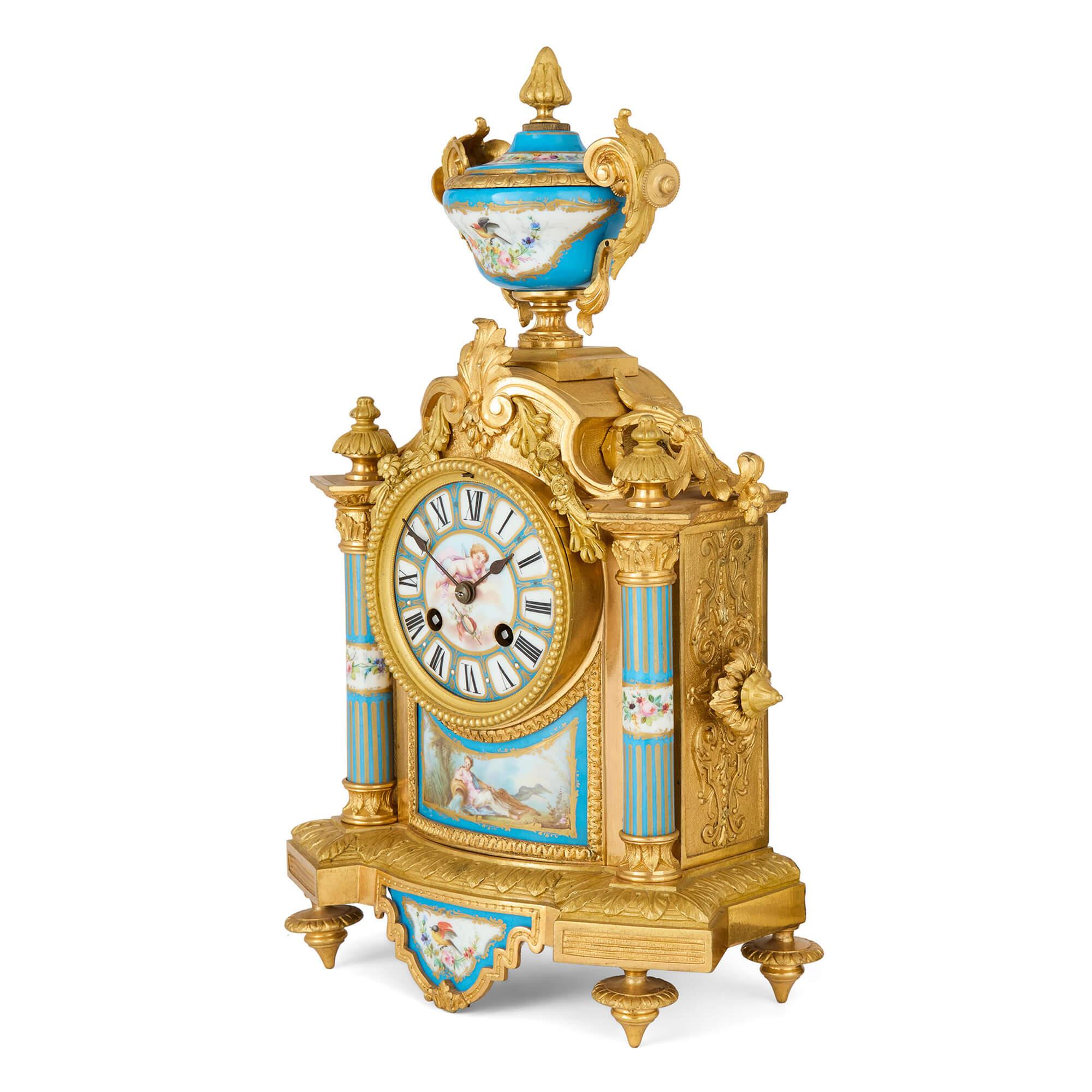 Victorian Antique Gilt Bronze Sèvres Style Porcelain Mantel Clock H. Bright Leam Victoriano en venta