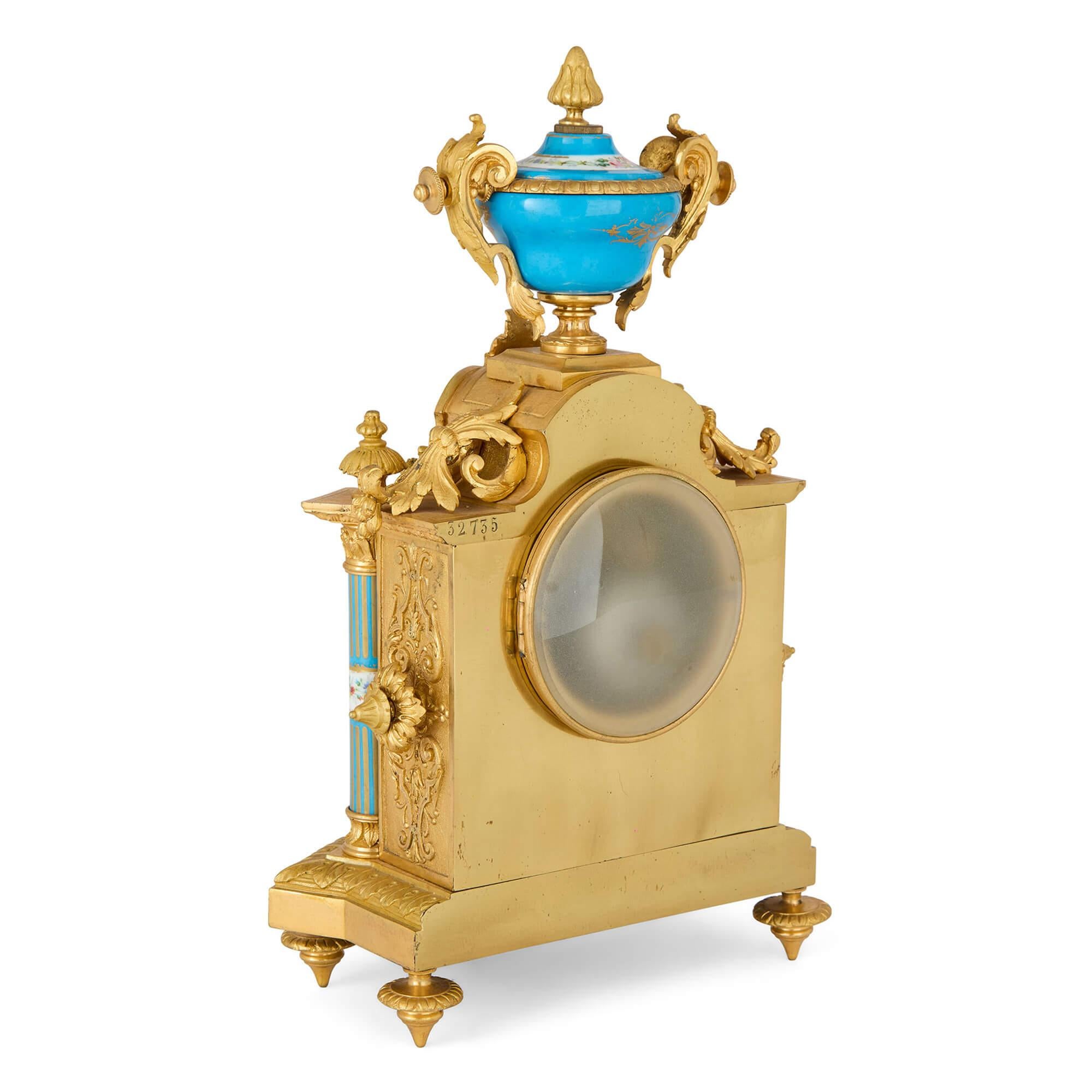 Victorian Antique Gilt Bronze Sèvres Style Porcelain Mantel Clock H. Bright Leam Inglés en venta