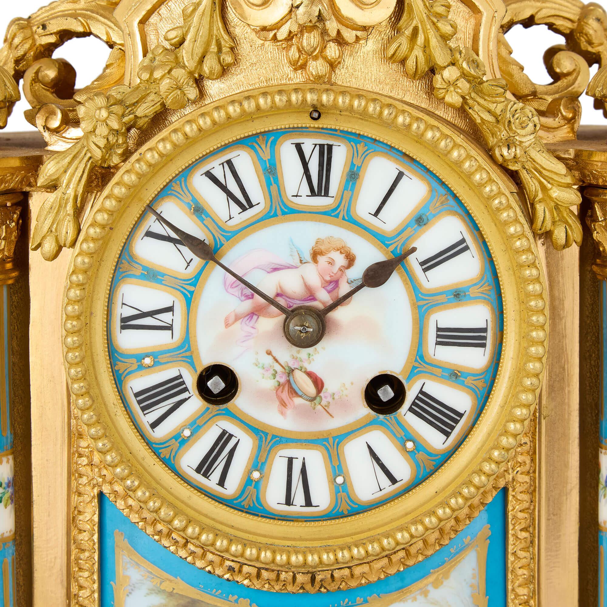 Victorian Antique Gilt Bronze Sèvres Style Porcelain Mantel Clock H. Bright Leam Dorado en venta