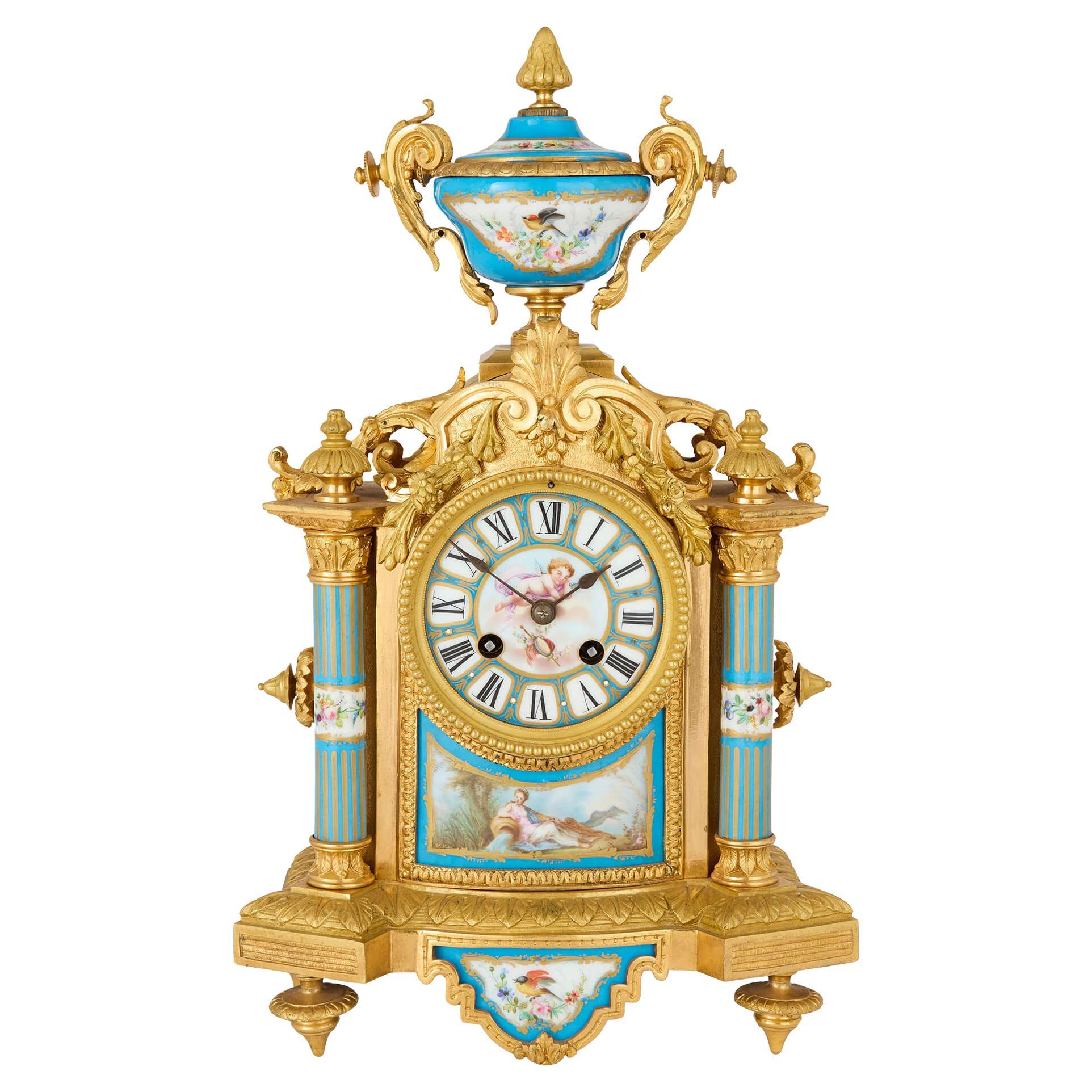 Victorian Antique Gilt Bronze Sèvres Style Porcelain Mantel Clock H. Bright Leam