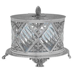 Victorian Antique Glass & Silver Plate Biscuit Box, C. 1860