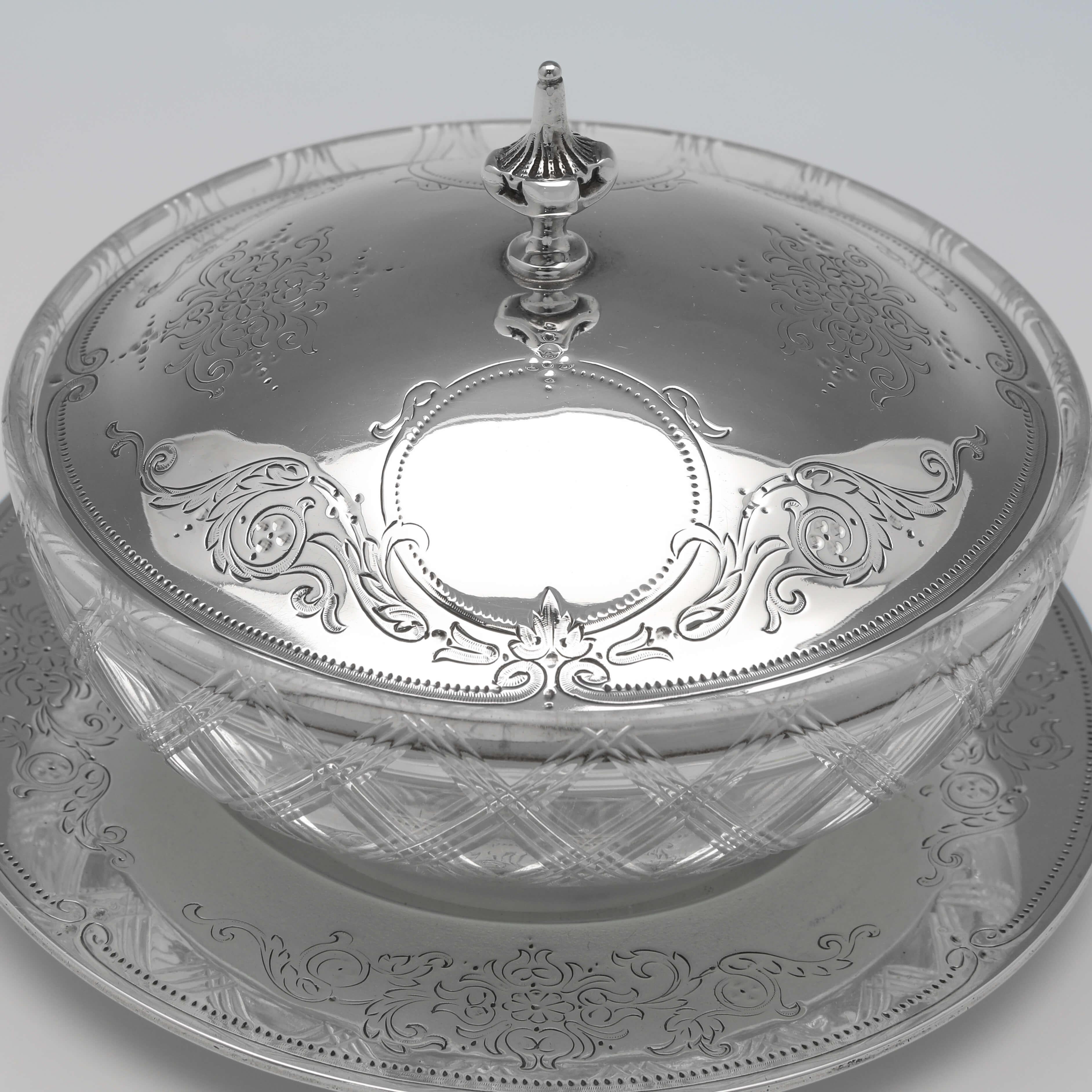 English Victorian Antique Glass & Sterling Silver Butter Dish London 1866 George Angell For Sale