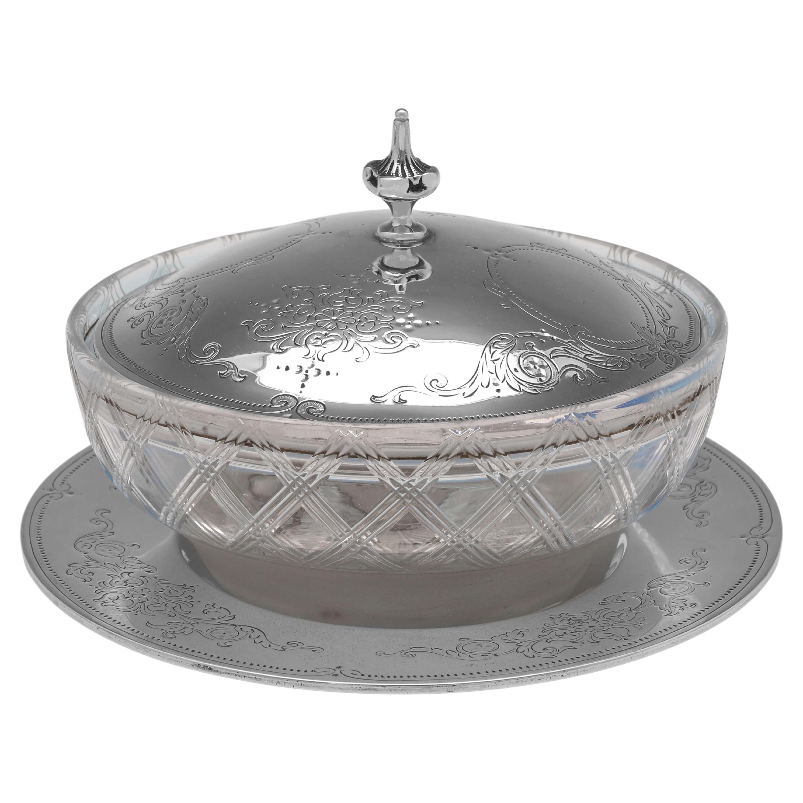 Victorian Antique Glass & Sterling Silver Butter Dish London 1866 George Angell For Sale