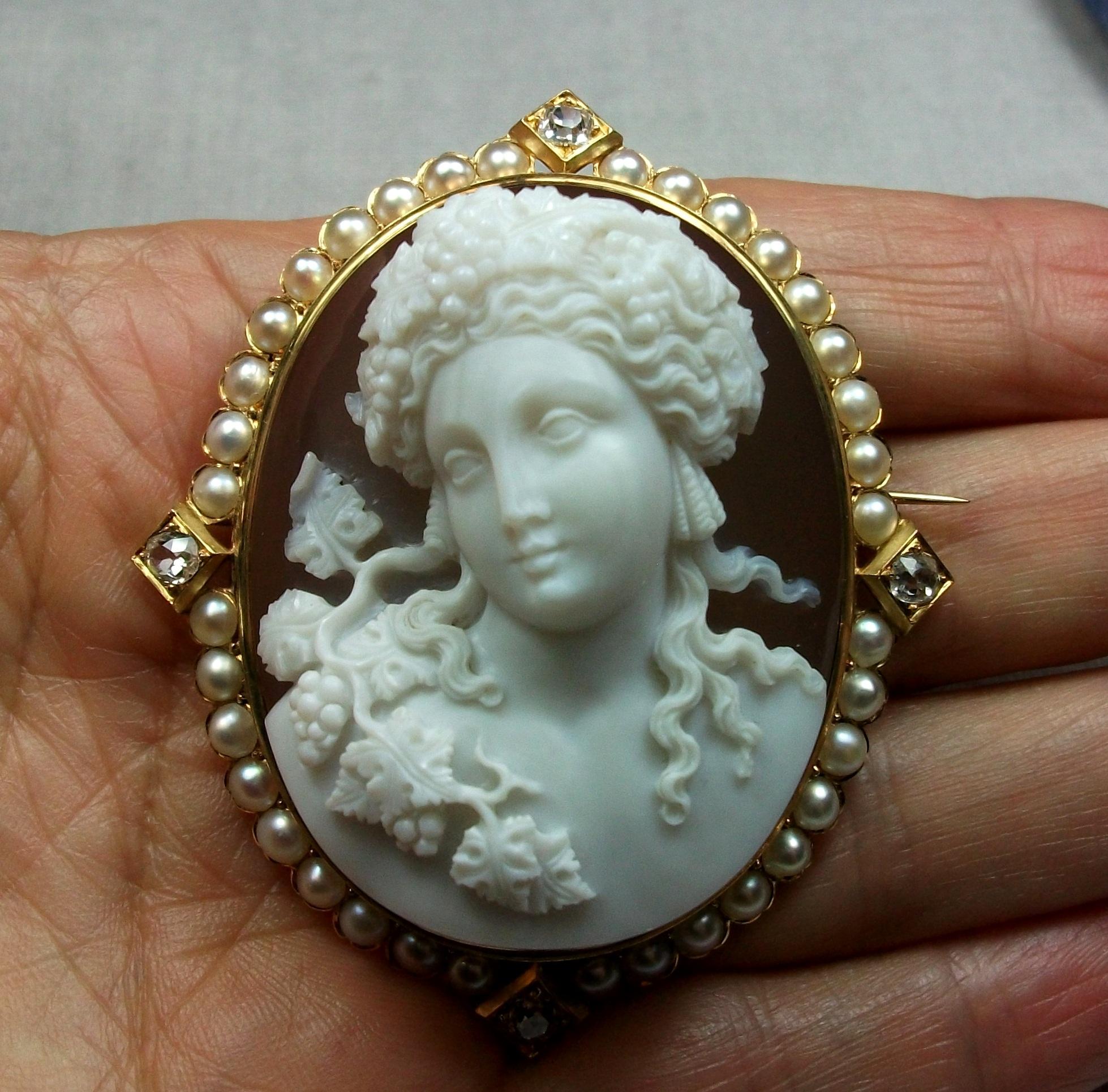 Victorian Antique Gold Diamonds Hard Stone God Dionysus Cameo Brooch 9