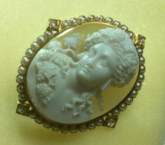 Victorian Antique Gold Diamonds Hard Stone God Dionysus Cameo Brooch