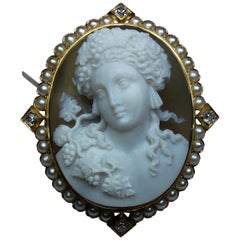 Victorian Antique Gold Diamonds Hard Stone God Dionysus Cameo Brooch