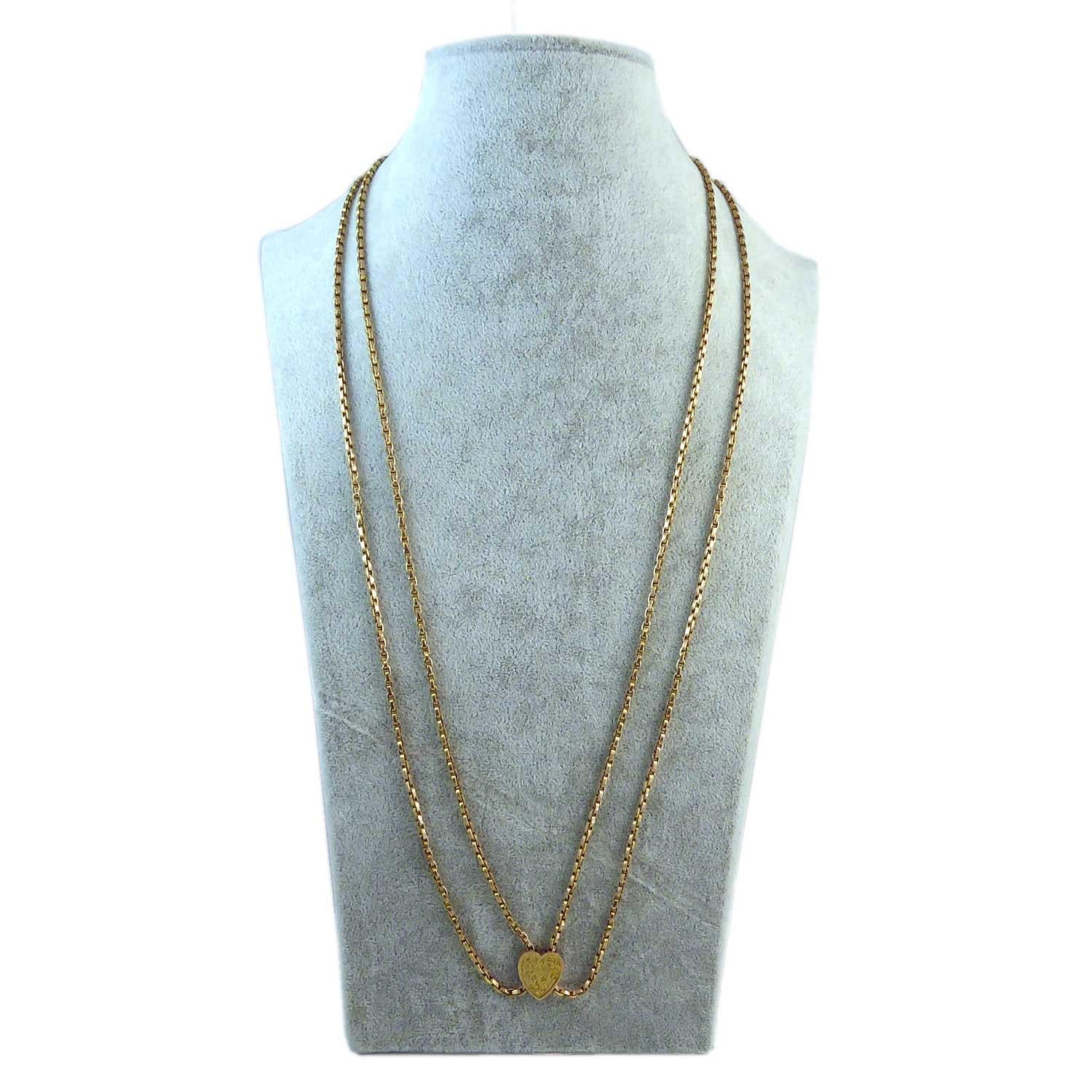 Victorian Antique Gold Long Chain, Heart Shaped Engraved Slider, Yellow Gold 3