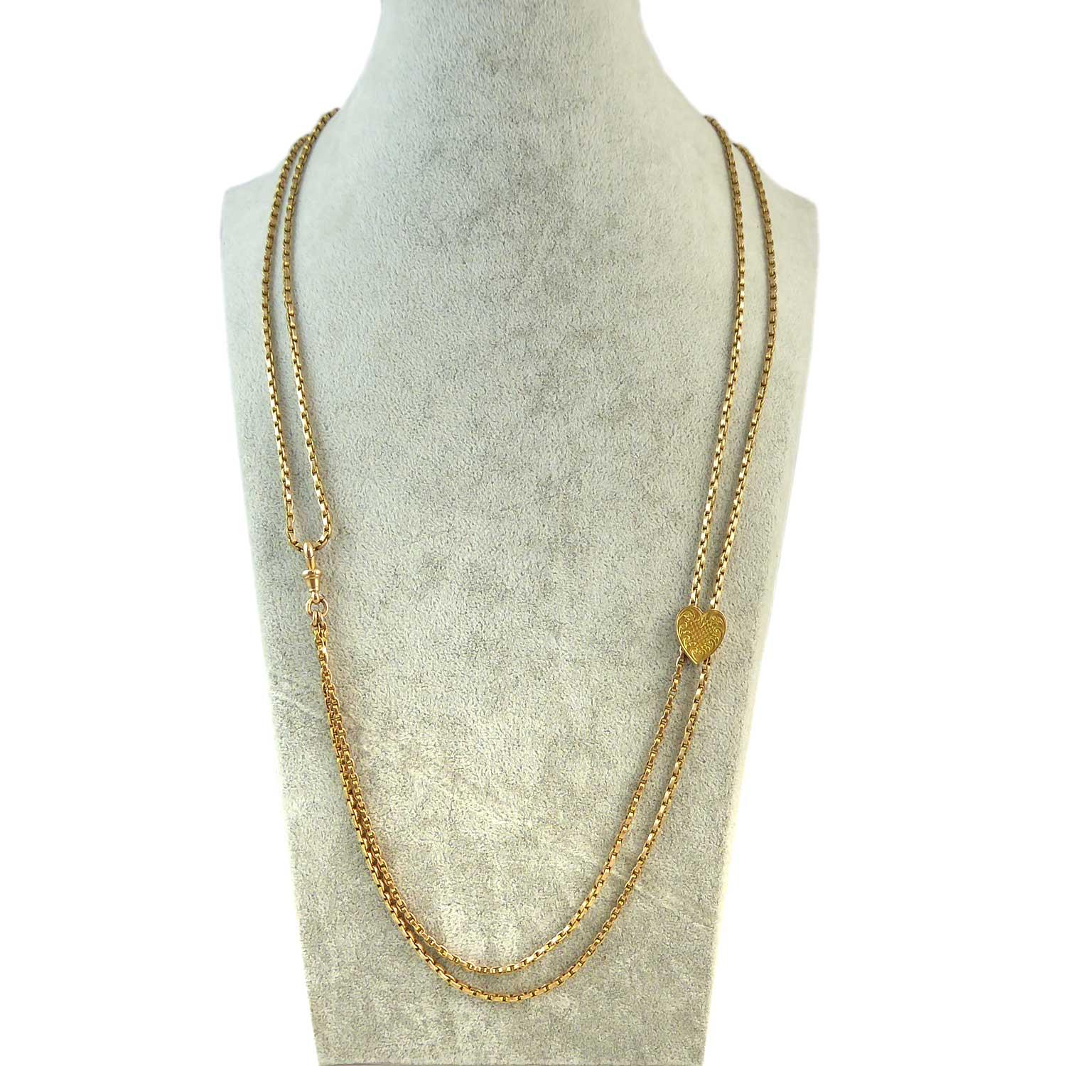 Victorian Antique Gold Long Chain, Heart Shaped Engraved Slider, Yellow Gold In Excellent Condition In Yorkshire, West Yorkshire