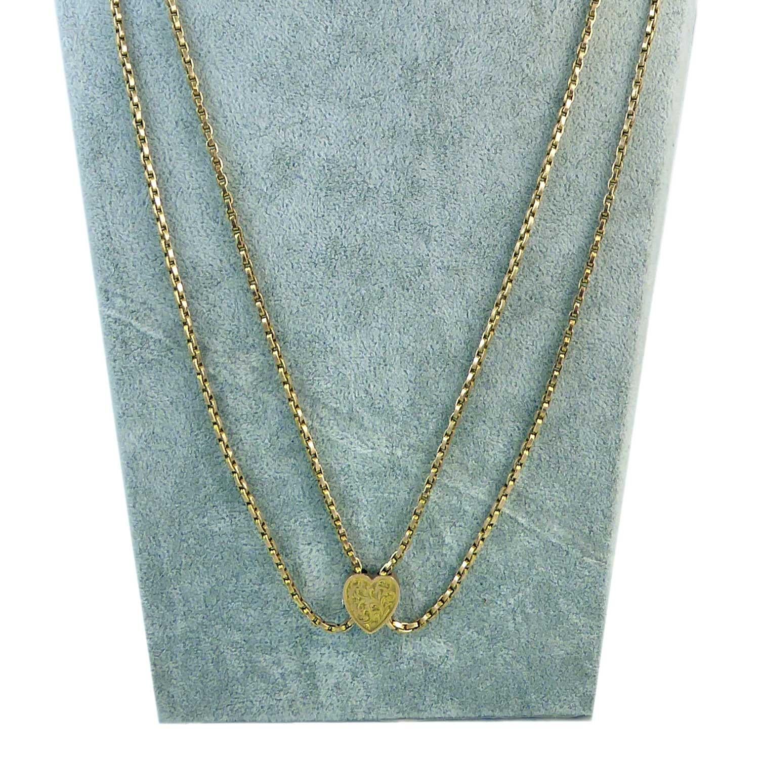 Women's Victorian Antique Gold Long Chain, Heart Shaped Engraved Slider, Yellow Gold