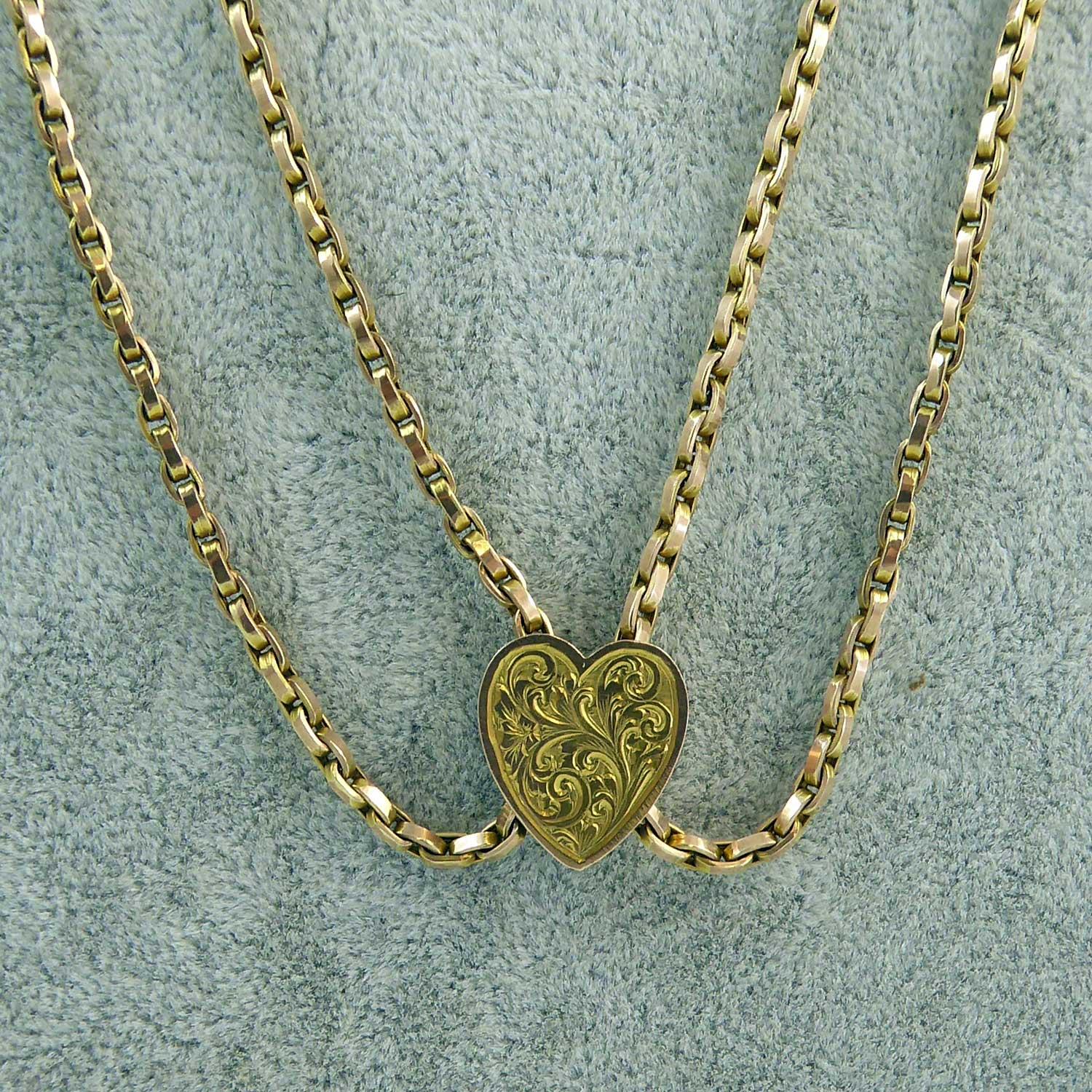 Victorian Antique Gold Long Chain, Heart Shaped Engraved Slider, Yellow Gold 2