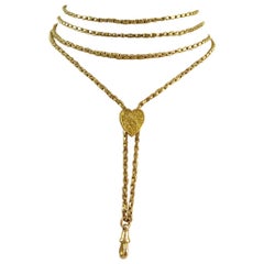 Victorian Antique Gold Long Chain, Heart Shaped Engraved Slider, Yellow Gold
