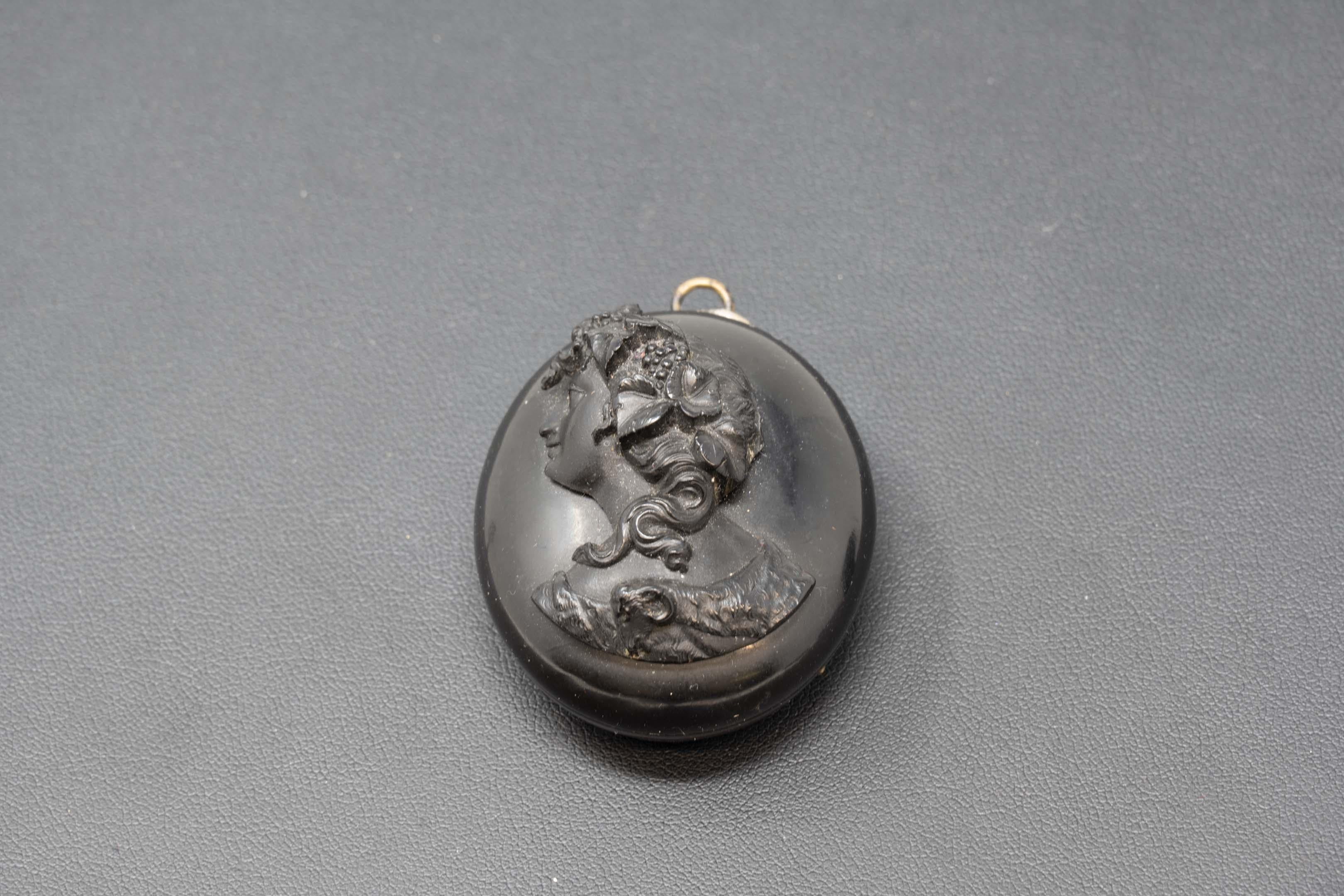 Victorian Antique Gutta Percha Mourning Locket Lady Cameo For Sale 1