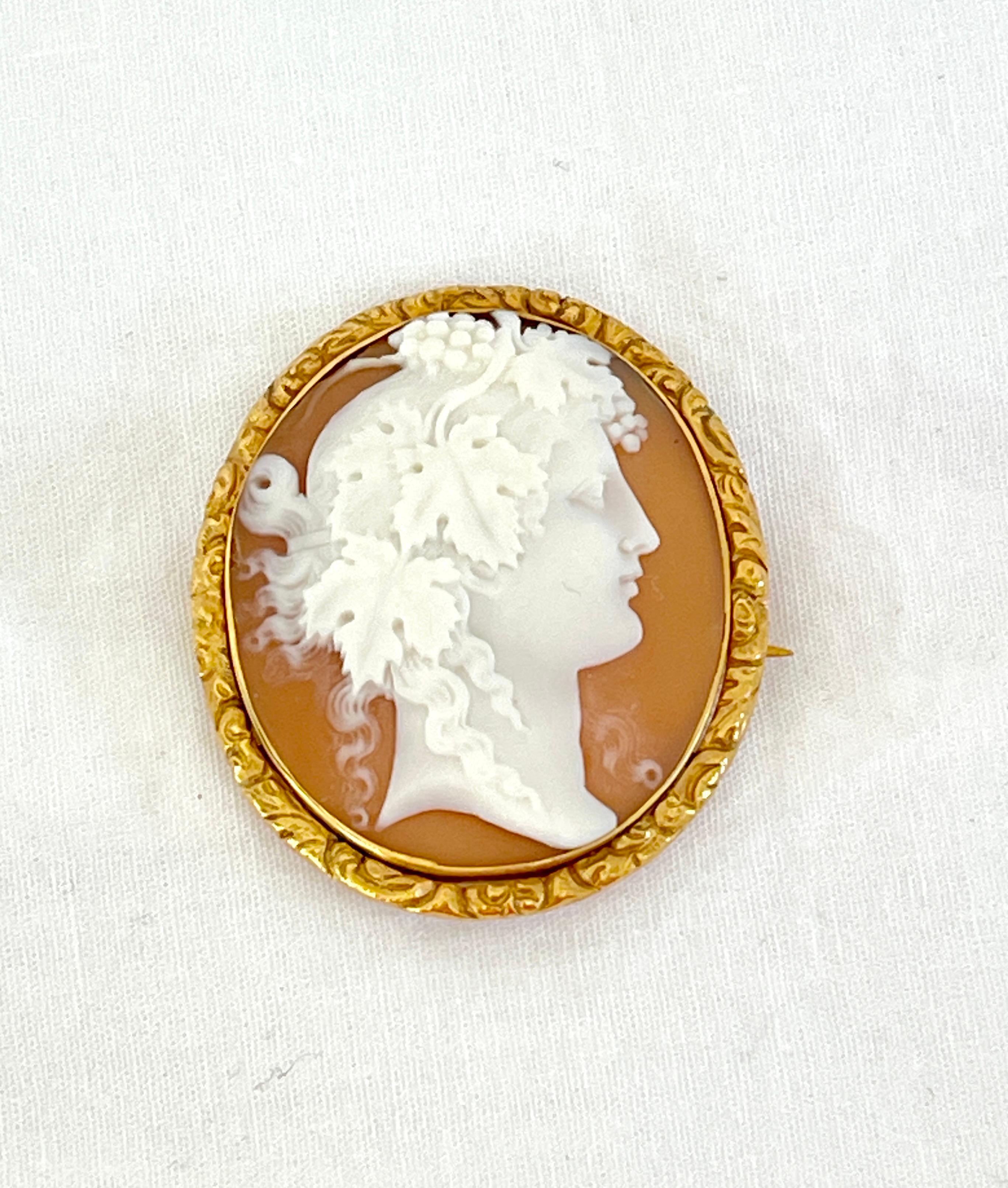 Victorian Antique Hand Carved Cameo Brooch of Dionysus 9ct Yellow Gold C1890s For Sale 5