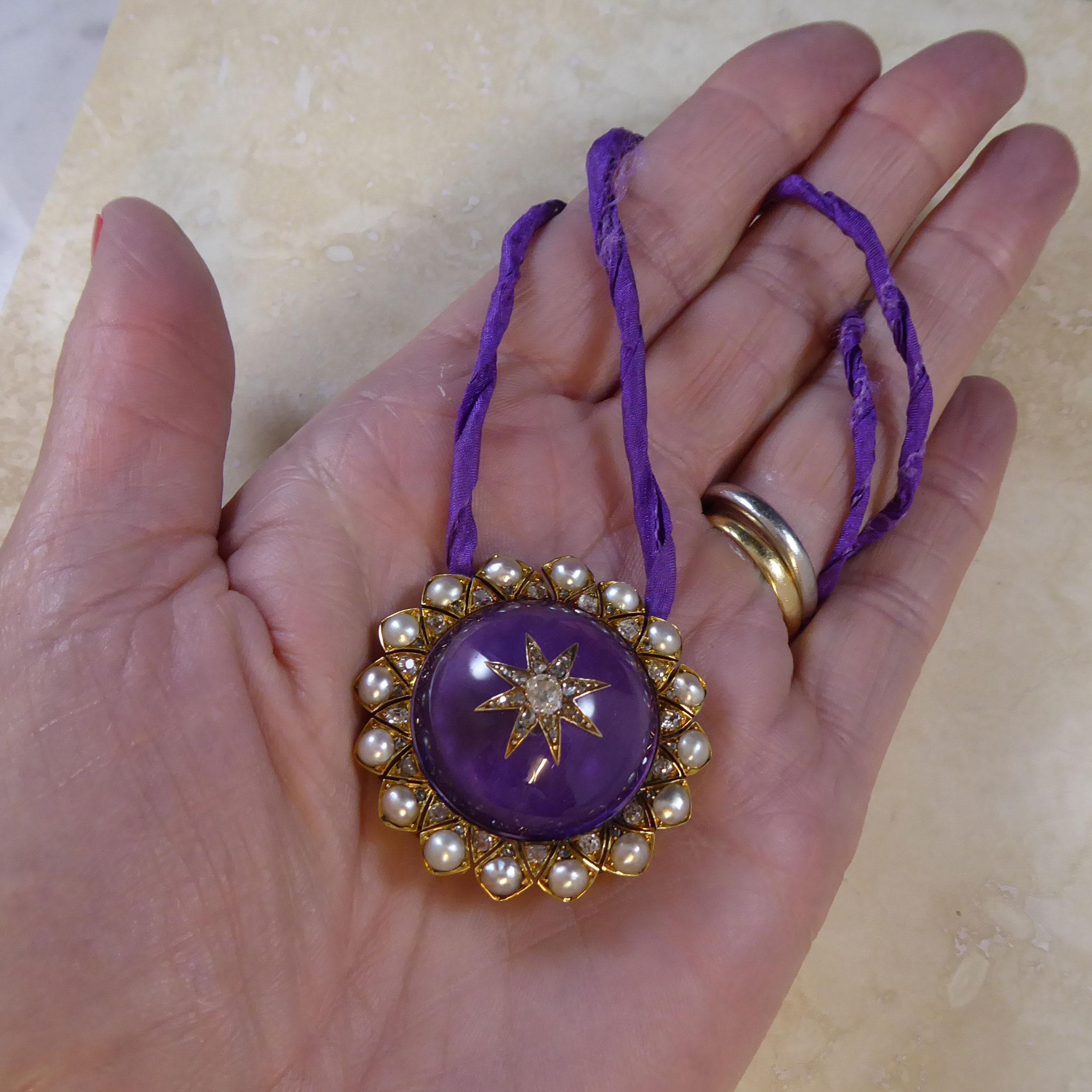 Victorian Antique Large Cabochon Amethyst, Diamond and Pearl Pendant In Good Condition In Yorkshire, West Yorkshire