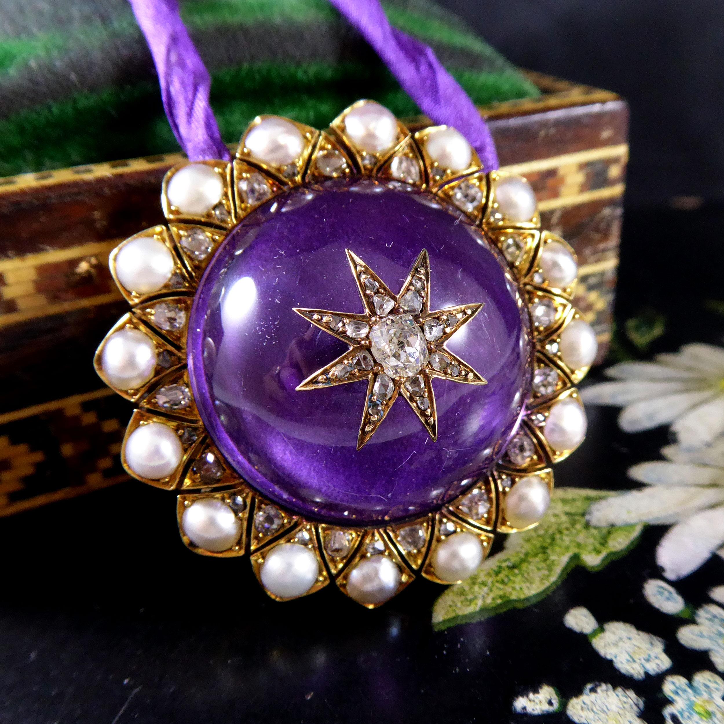 Victorian Antique Large Cabochon Amethyst, Diamond and Pearl Pendant 1