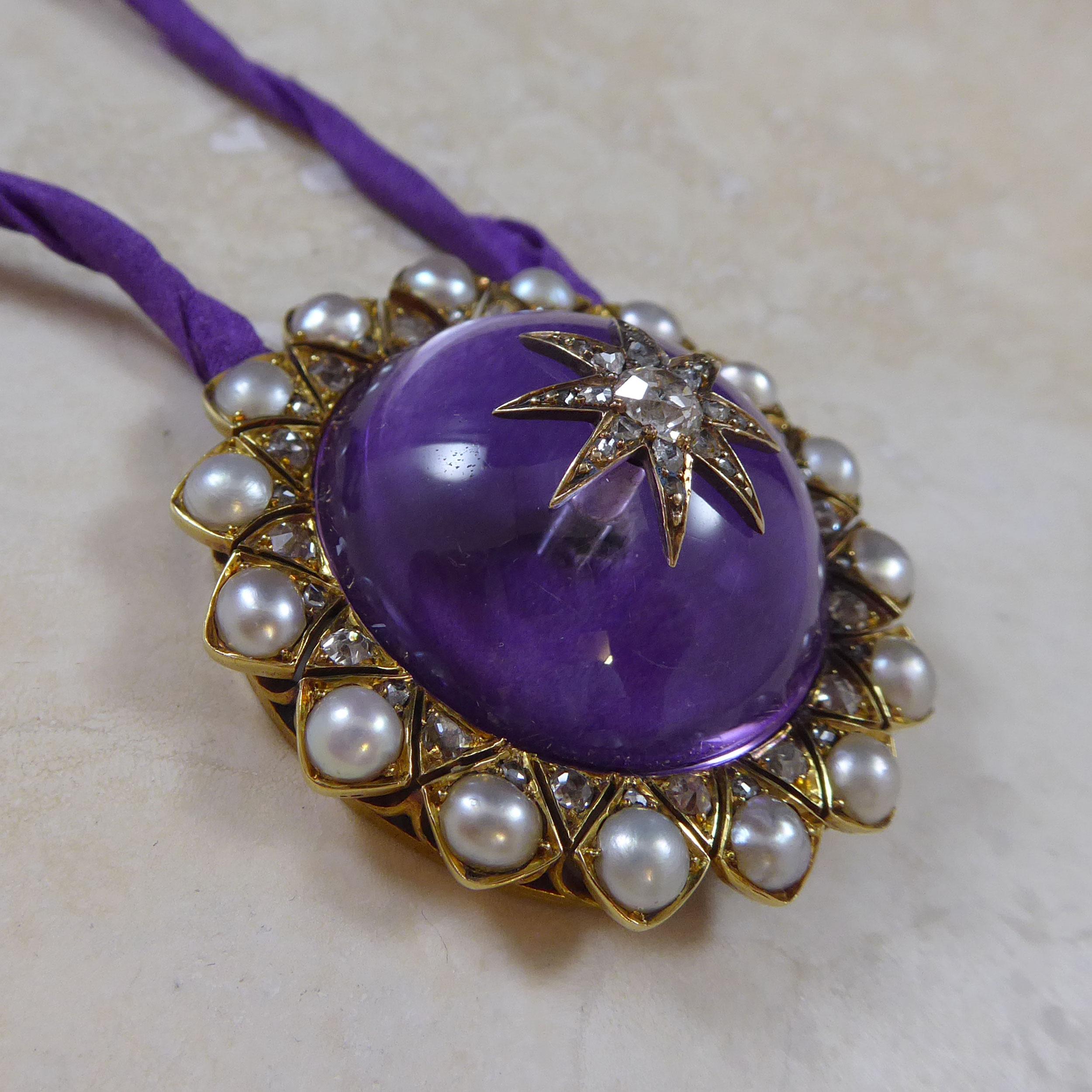 Victorian Antique Large Cabochon Amethyst, Diamond and Pearl Pendant 5