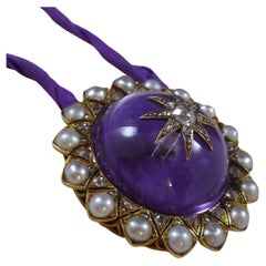 Victorian Antique Large Cabochon Amethyst, Diamond and Pearl Pendant