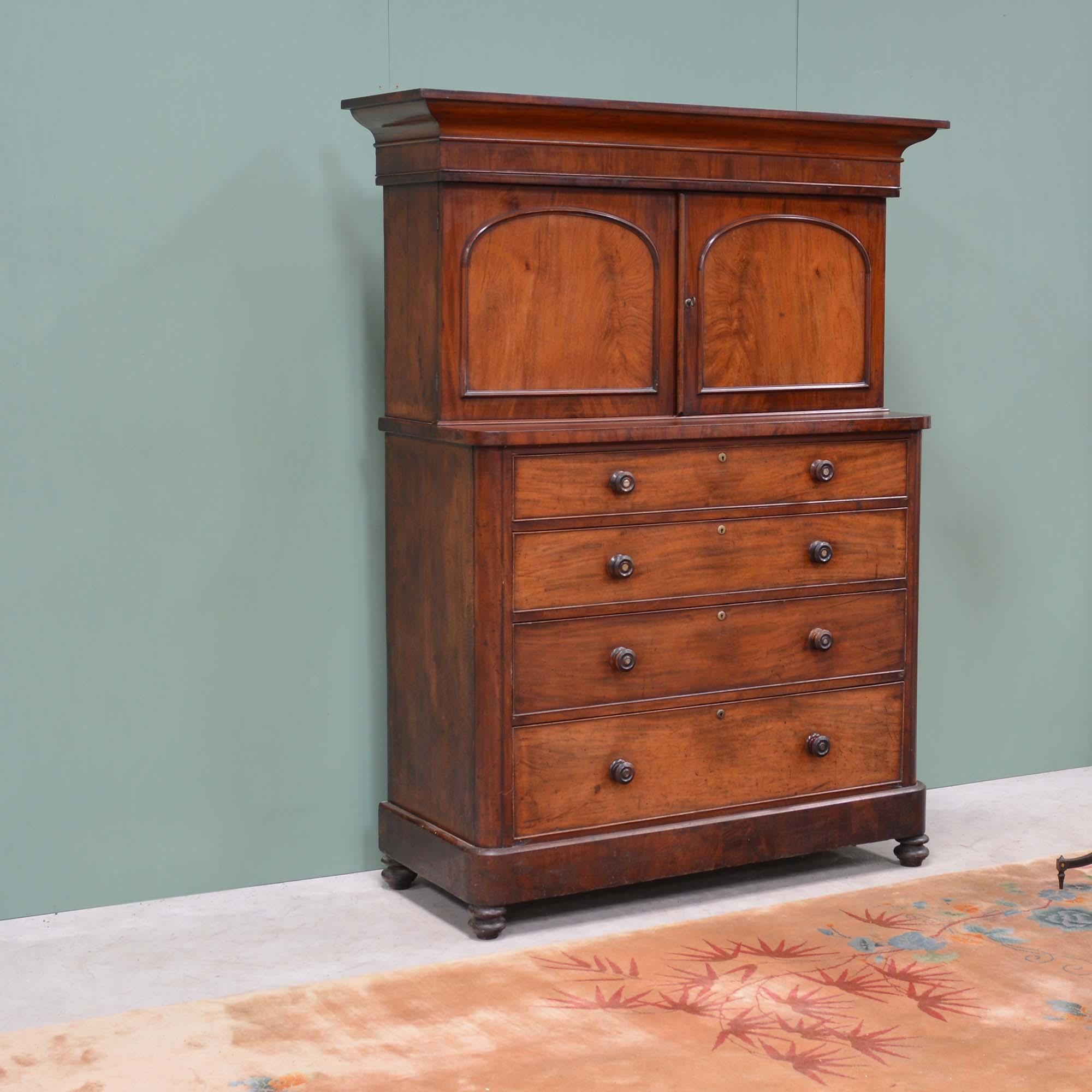English Victorian antique mahogany cupboard chest of drawers For Sale