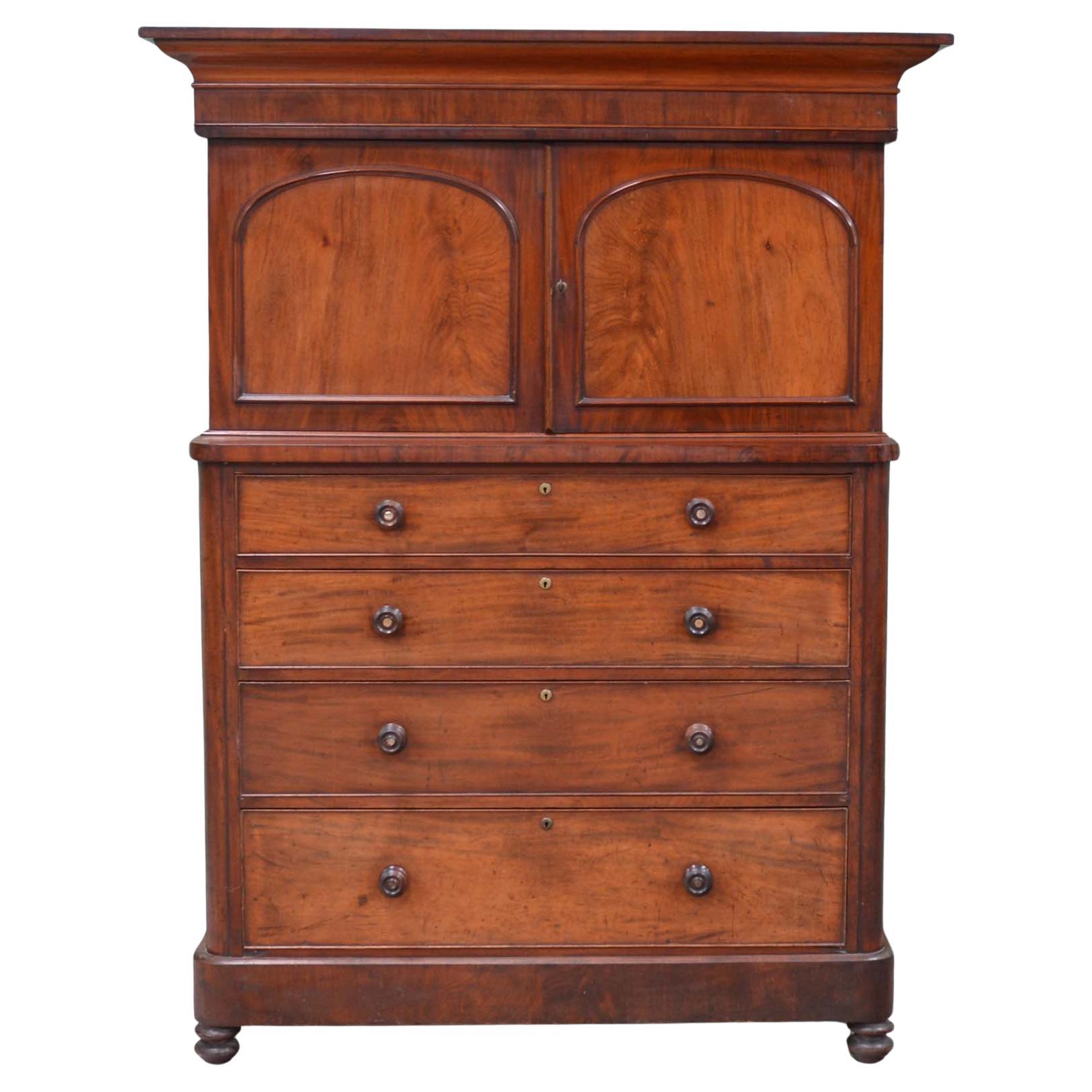 Victorian antique mahogany cupboard chest of drawers For Sale