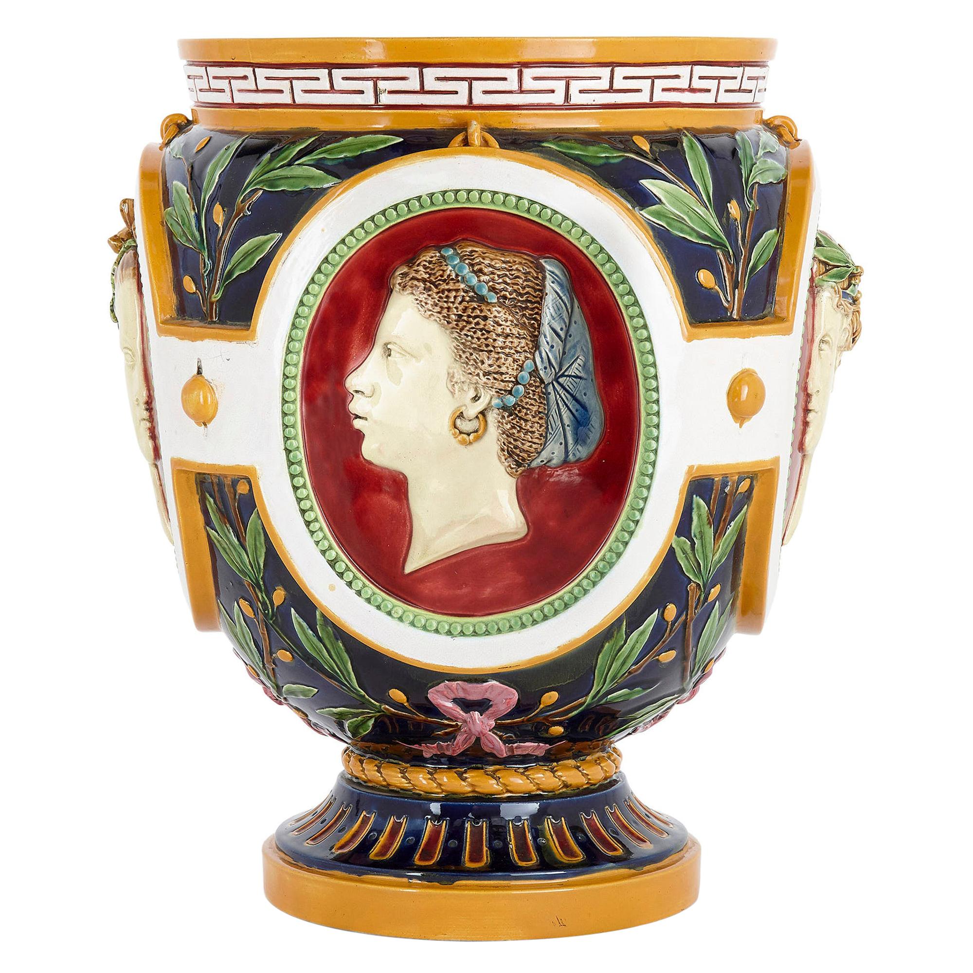 Victorian Antique Majolica Jardinière of the Four Seasons by Minton For Sale