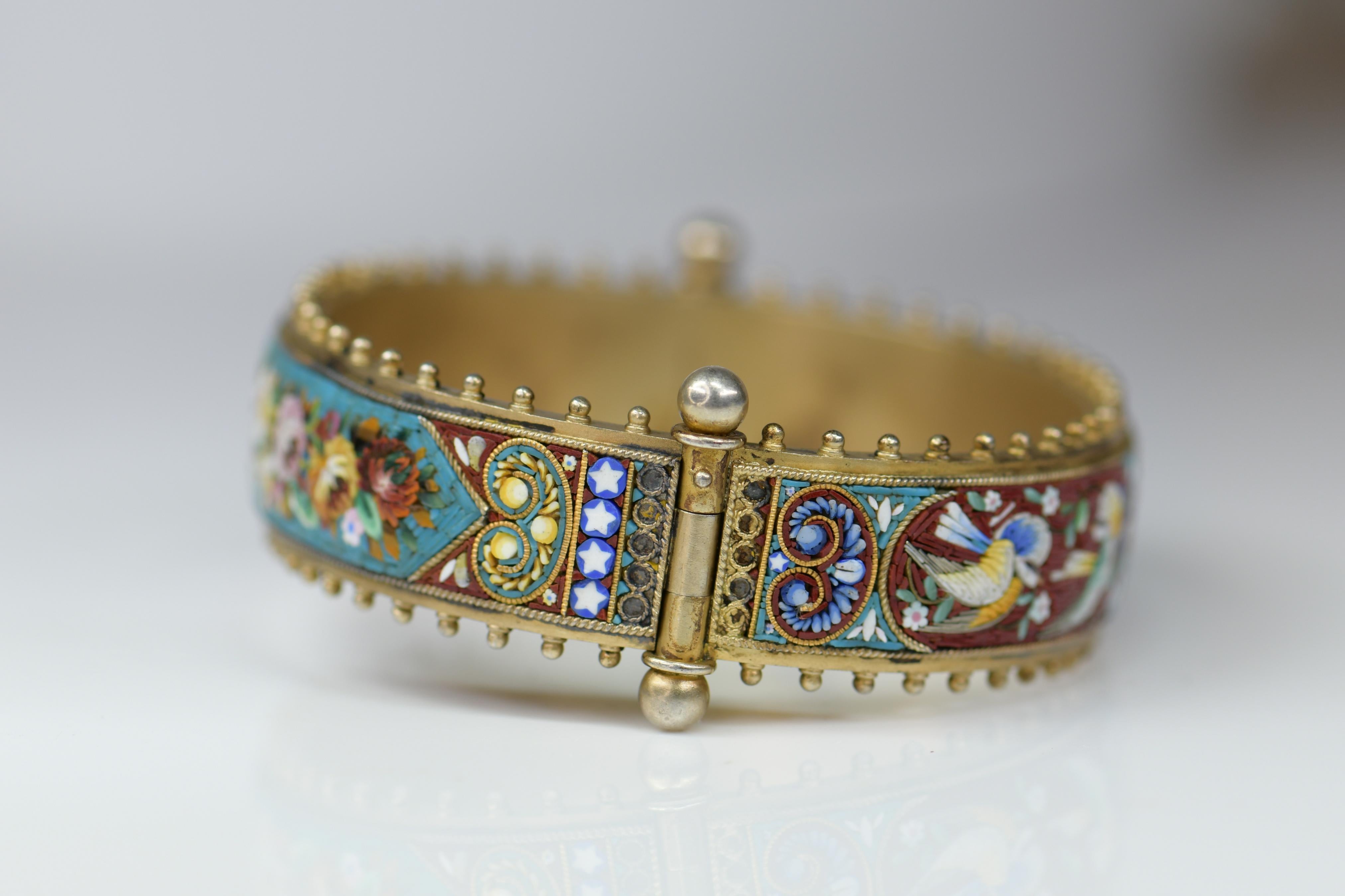 Women's or Men's Victorian Antique Micro Mosaic Flower and Dove Bangle Bracelet