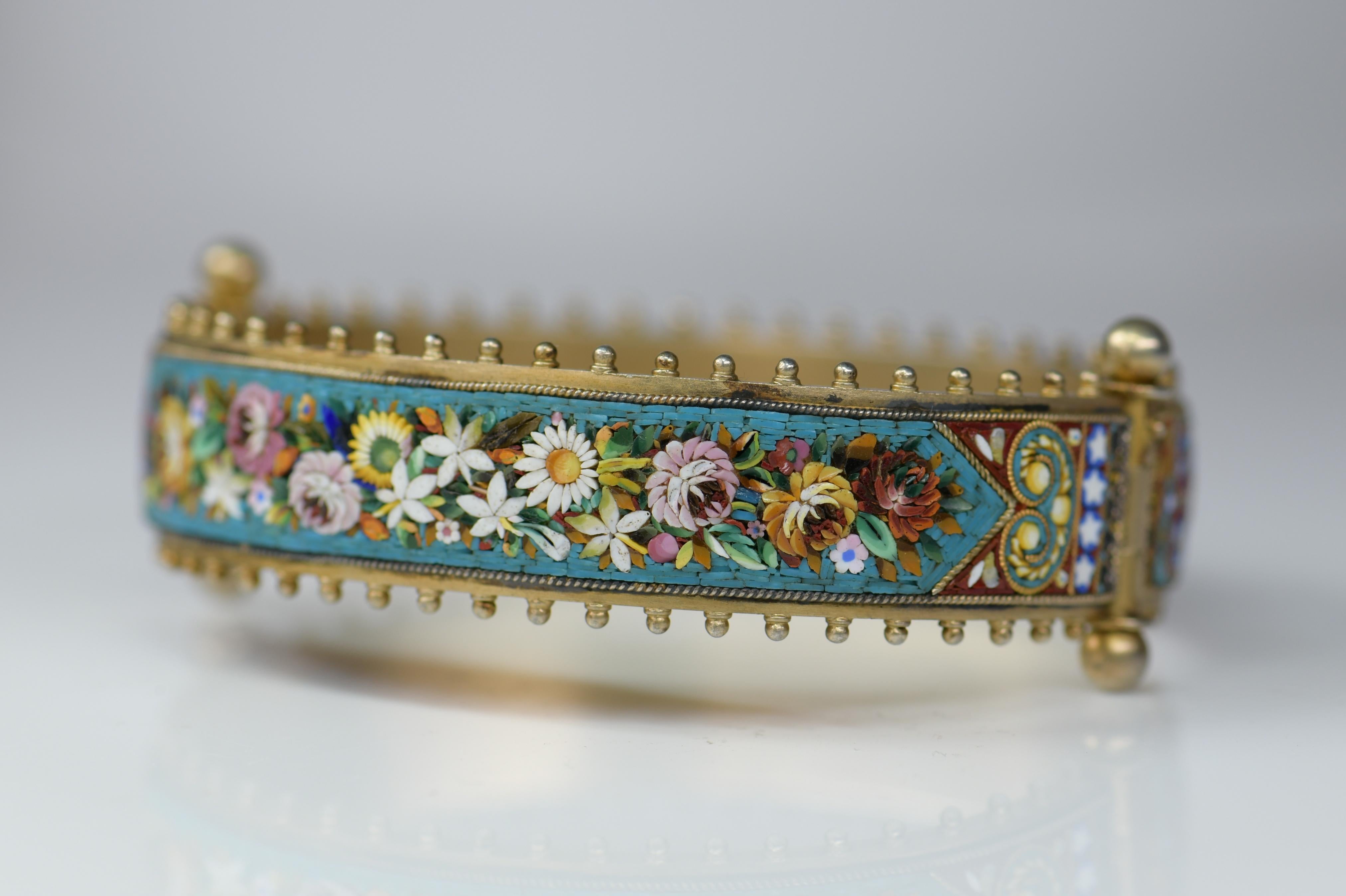 Victorian Antique Micro Mosaic Flower and Dove Bangle Bracelet 1
