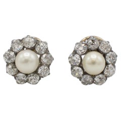 Boucles d'oreilles en forme de fleur avec perles naturelles et diamants taillés à l'ancienne, de style victorien