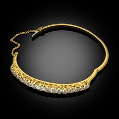 Victorian Antique Old Cut Diamond and 18ct Yellow Gold Carved Half Hoop Bangle