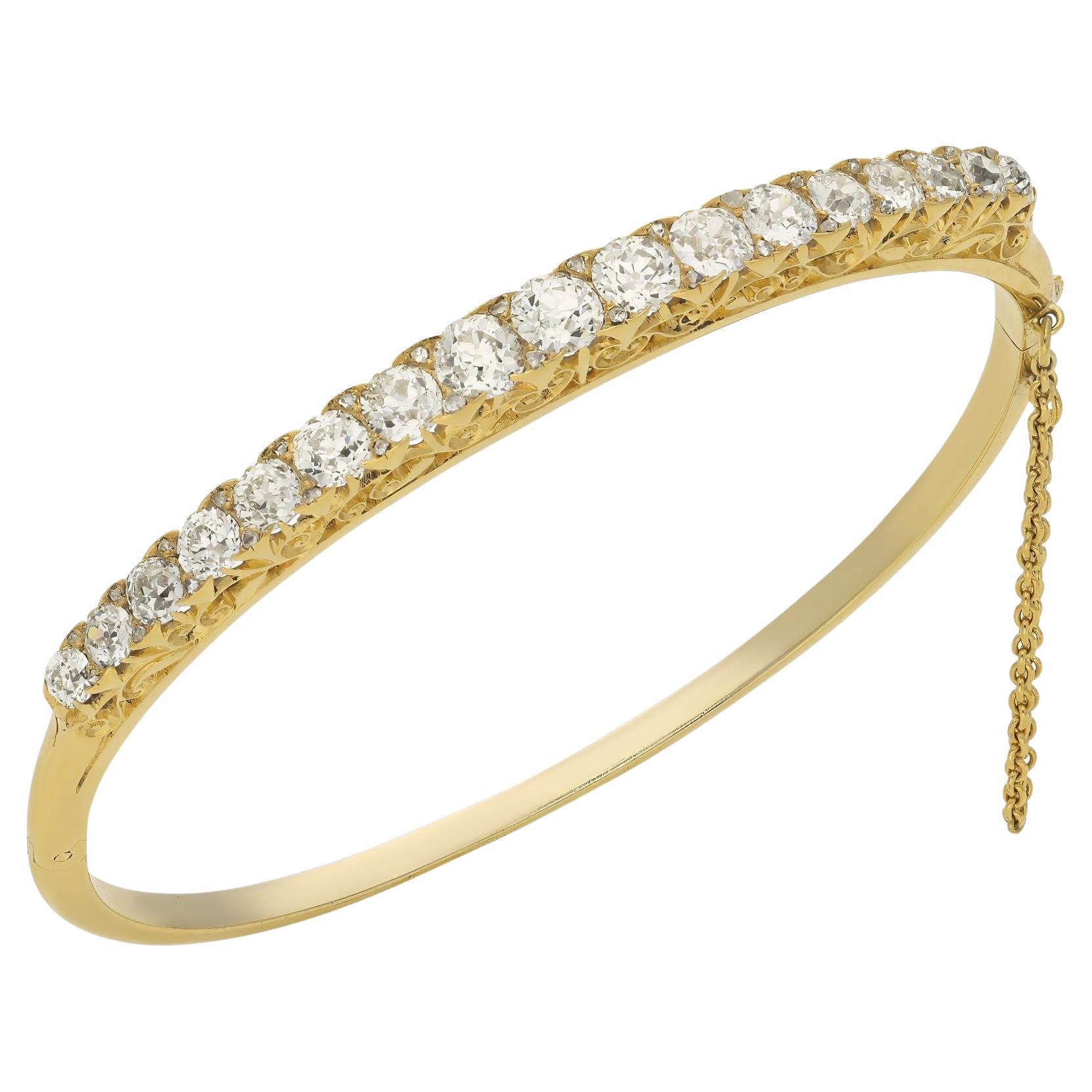 Victorian Antique Old Cut Diamond and 18ct Yellow Gold Carved Half Hoop Bangle