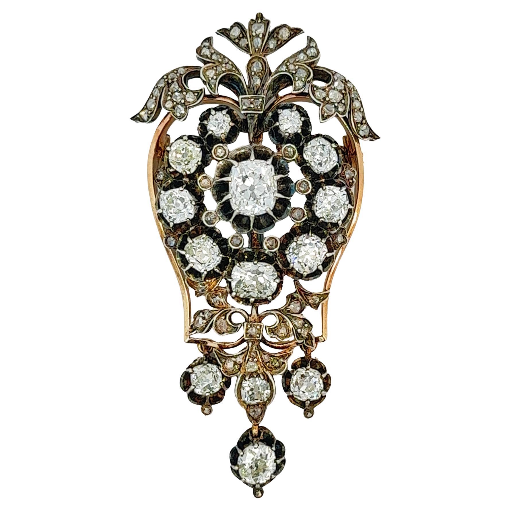 Broche victorienne à pendentif diamant taille ancienne Circa 1880