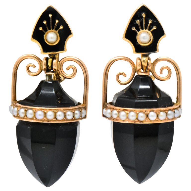 Victorian Antique Onyx Pearl Enamel 14 Karat Rose Gold Drop Earrings For Sale at 1stdibs