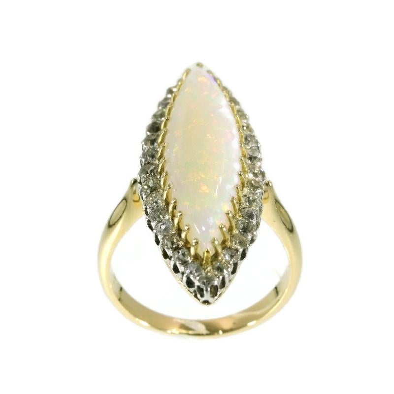 Marquise Cut Victorian Antique Opal and 1.92 Carat Diamond 18 Karat Yellow Gold Marquise Ring For Sale