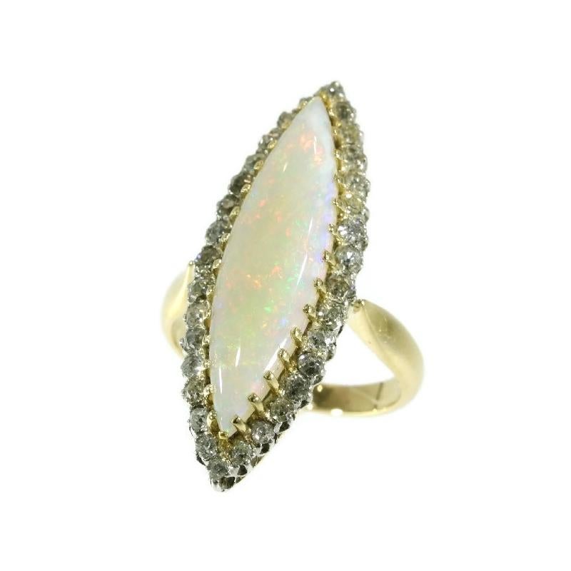 Victorian Antique Opal and 1.92 Carat Diamond 18 Karat Yellow Gold Marquise Ring For Sale
