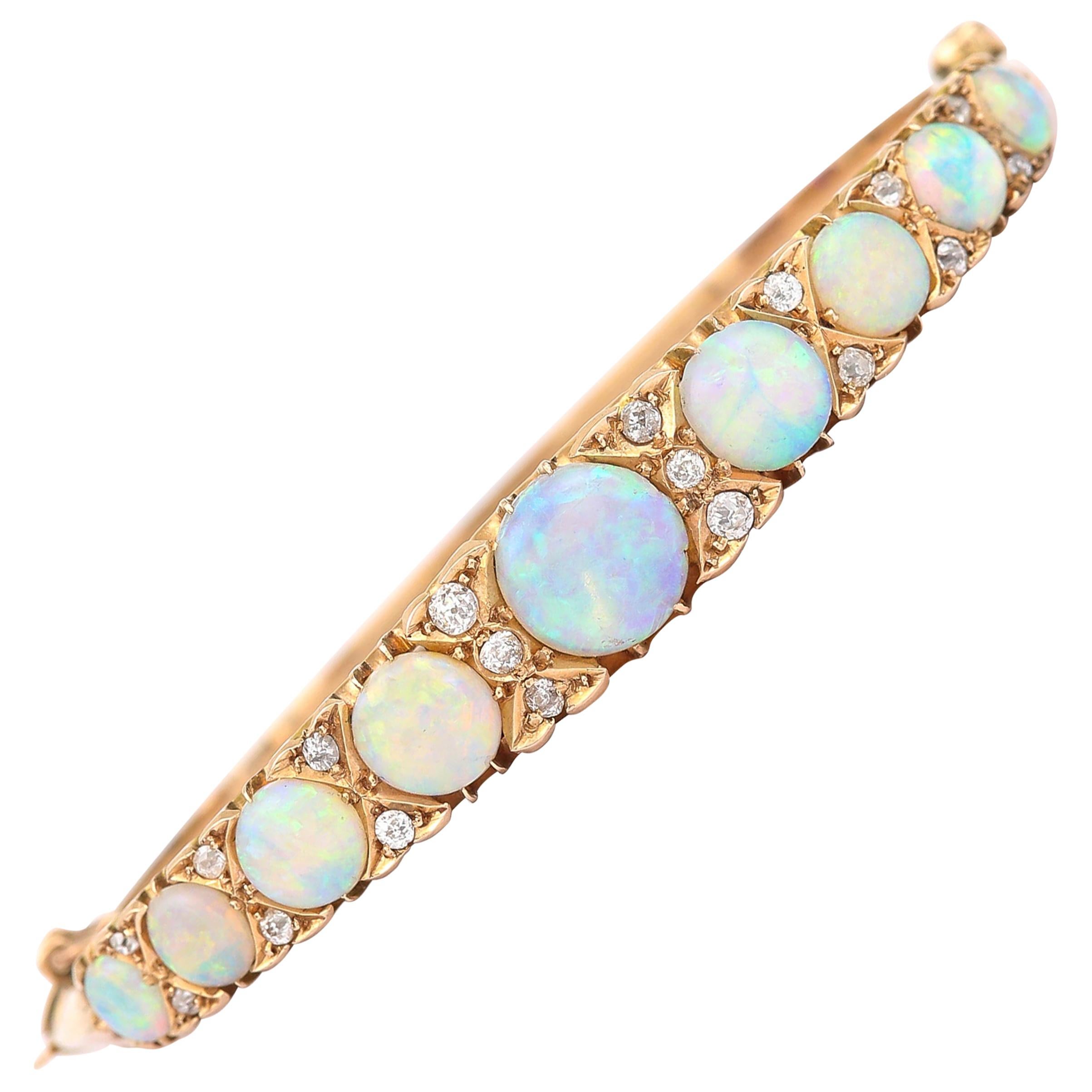 Victorian Antique Opal and Diamond Bangle Bracelet 18 Karat Yellow Gold 