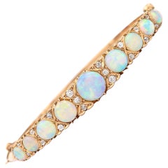 Victorian Antique Opal and Diamond Bangle Bracelet 18 Karat Yellow Gold 