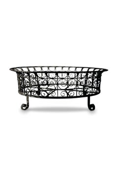 Vintage Black Wrought Iron Oval Plant Stand With Decorative Scrollwork