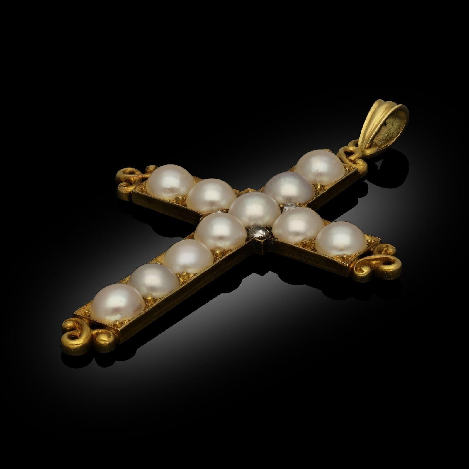 Cabochon Victorian Antique Pearl And Diamond 18ct Yellow Gold Cross Pendant Circa 1890 For Sale