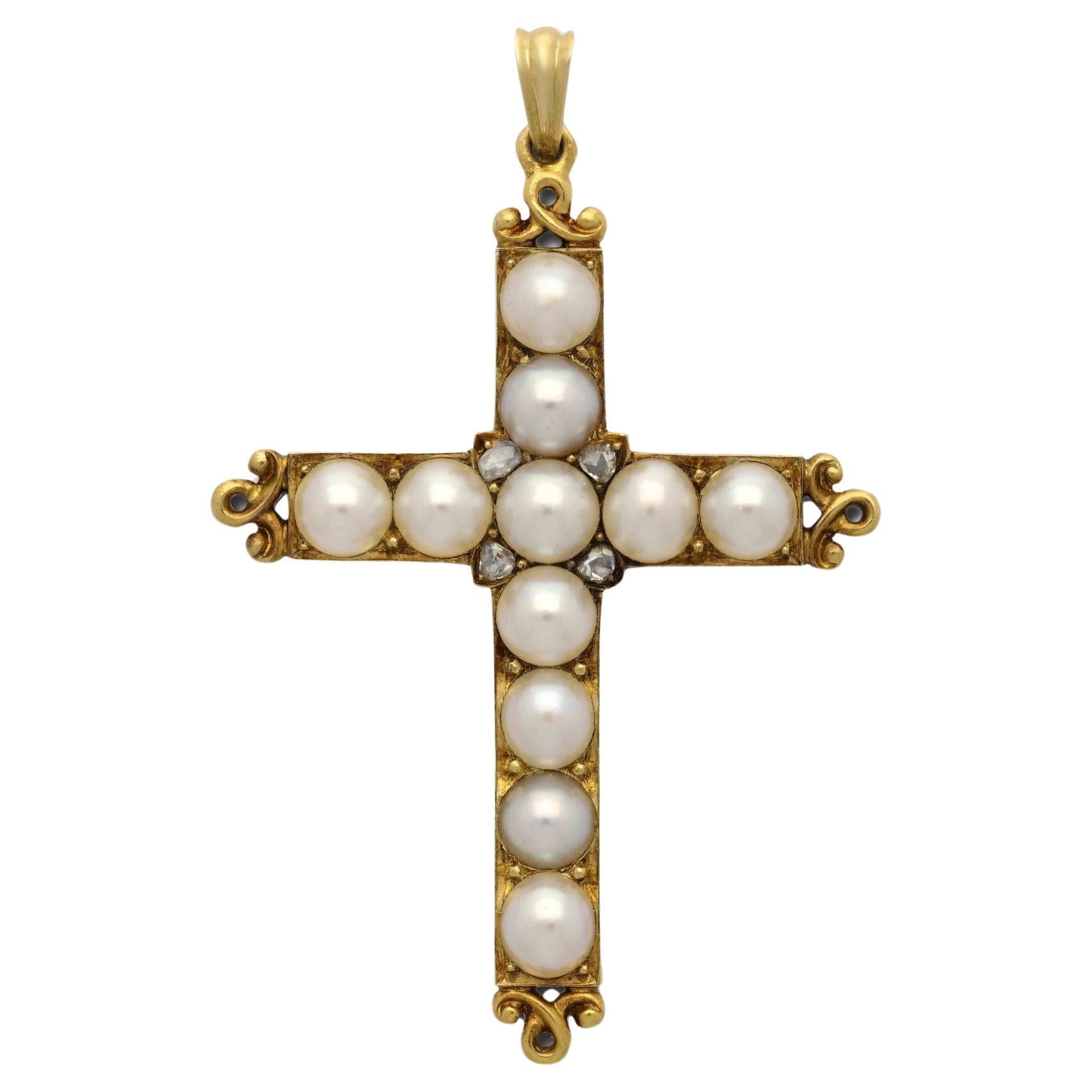 Victorian Antique Pearl And Diamond 18ct Yellow Gold Cross Pendant Circa 1890 For Sale