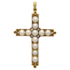 Pendentif croix victorien ancien en or jaune 18 carats avec perles et diamants, c. 1890