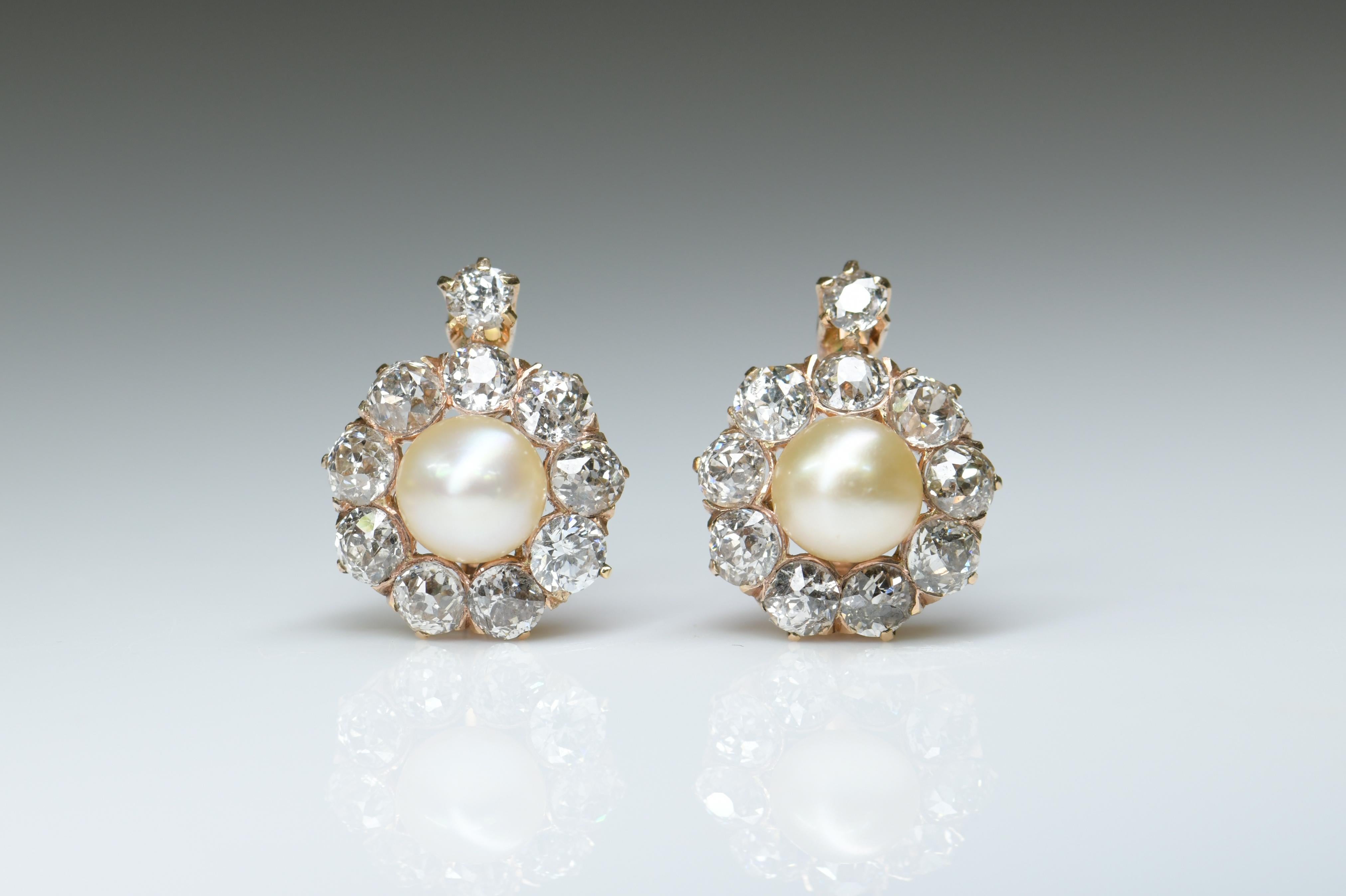 An adorable pair of cluster earrings feature lustrous natural pearls wrapped with a scalloped diamond border in 18 karat yellow gold. Sweet as can be. Circa 1900.

Perfect Condition

Diamond: 2.1ct
Weight: 4.7g
Length: 18mm
Width: 12mm
Size of