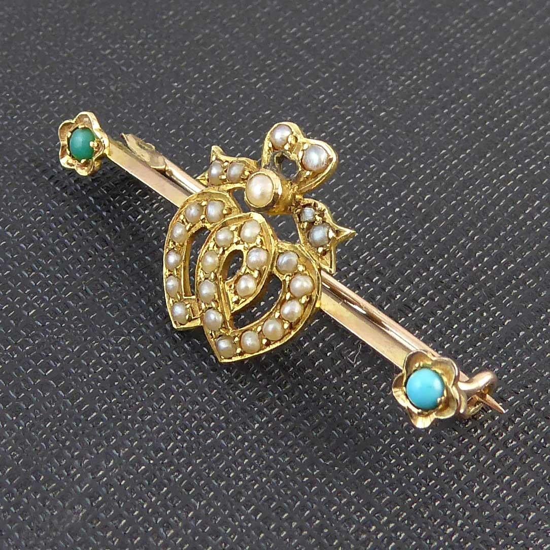 Victorian Antique Pearl Brooch, Intertwined Hearts, Turquoise In Excellent Condition In Yorkshire, West Yorkshire