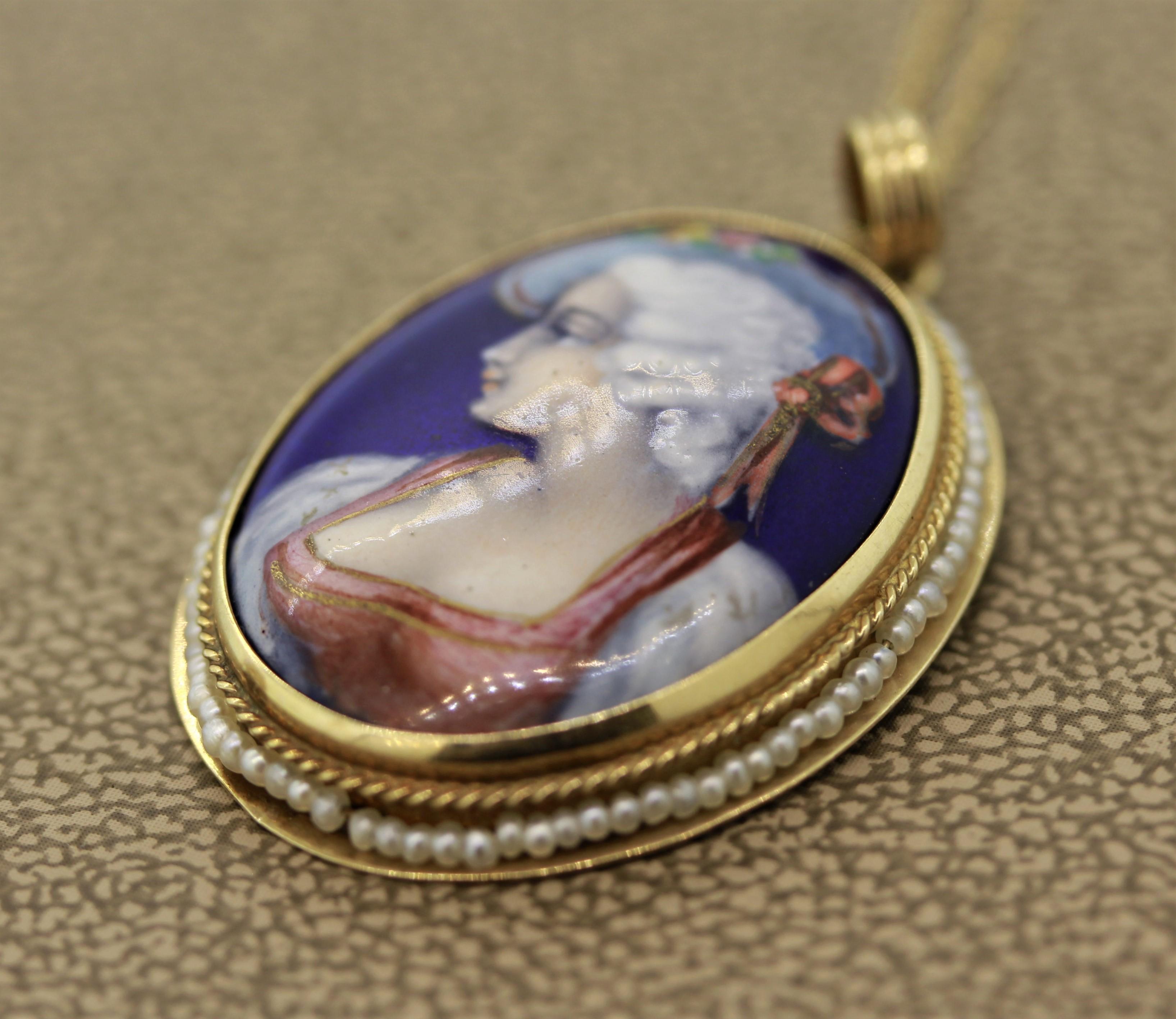 Round Cut Victorian Antique Porcelain Seed-Pearl Gold Pendant For Sale