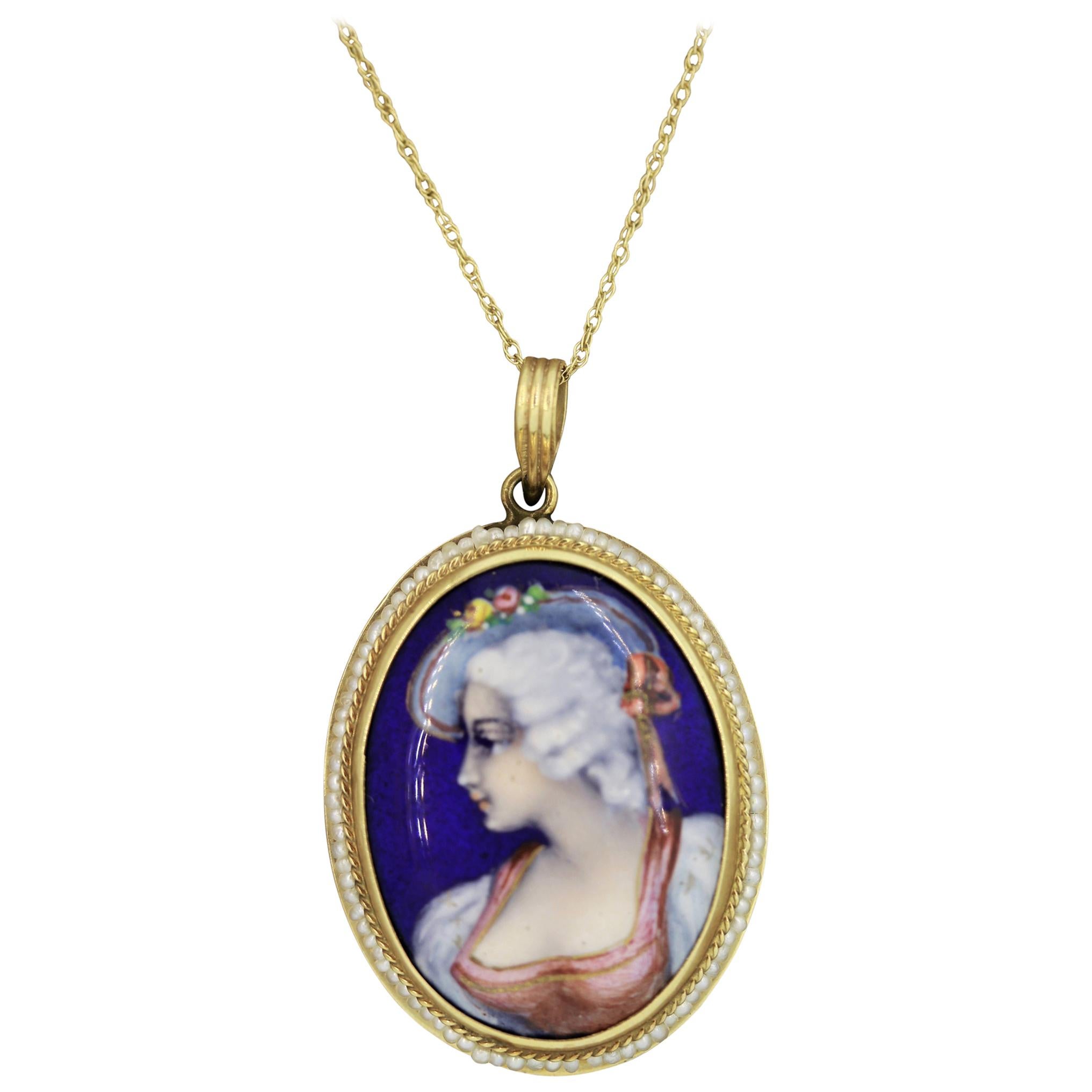 Victorian Antique Porcelain Seed-Pearl Gold Pendant For Sale