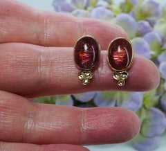 Victorian Antique Red Rutilated Quartz Rose cut Diamond Earrings 14K Gold