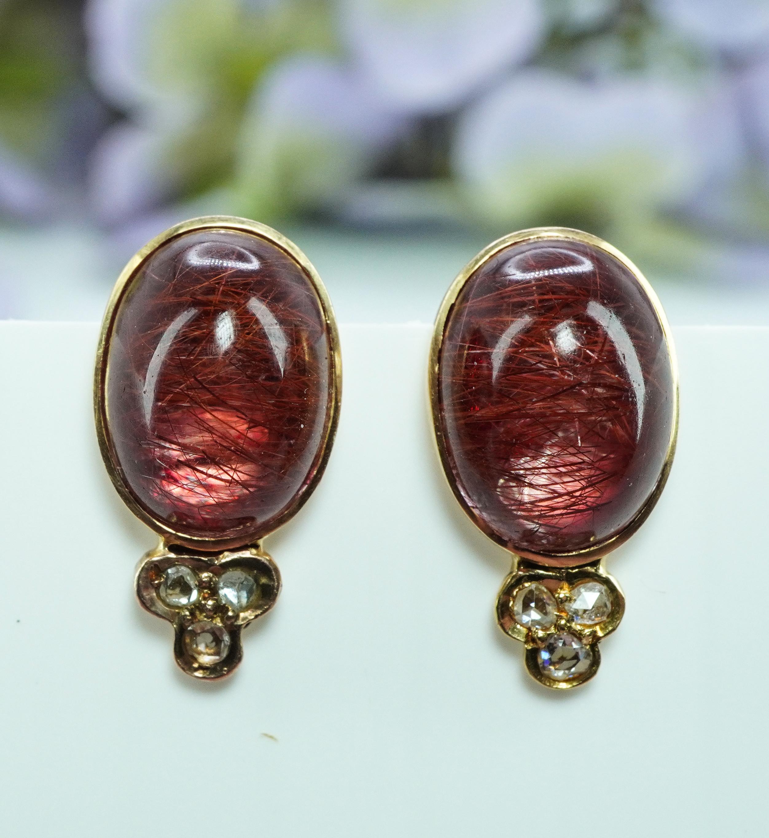 Early Victorian Victorian Antique Red Rutilated Quartz Rose cut Diamond Earrings 14K Gold For Sale